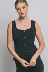 Blusa Top de Punto Sin Mangas Mujer Elegante Escote Corazón con Botones Dorados