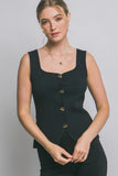Blusa Top de Punto Sin Mangas Mujer Elegante Escote Corazón con Botones Dorados