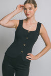 Blusa Top de Punto Sin Mangas Mujer Elegante Escote Corazón con Botones Dorados