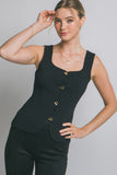 Blusa Top de Punto Sin Mangas Mujer Elegante Escote Corazón con Botones Dorados