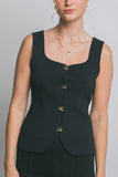Blusa Top de Punto Sin Mangas Mujer Elegante Escote Corazón con Botones Dorados