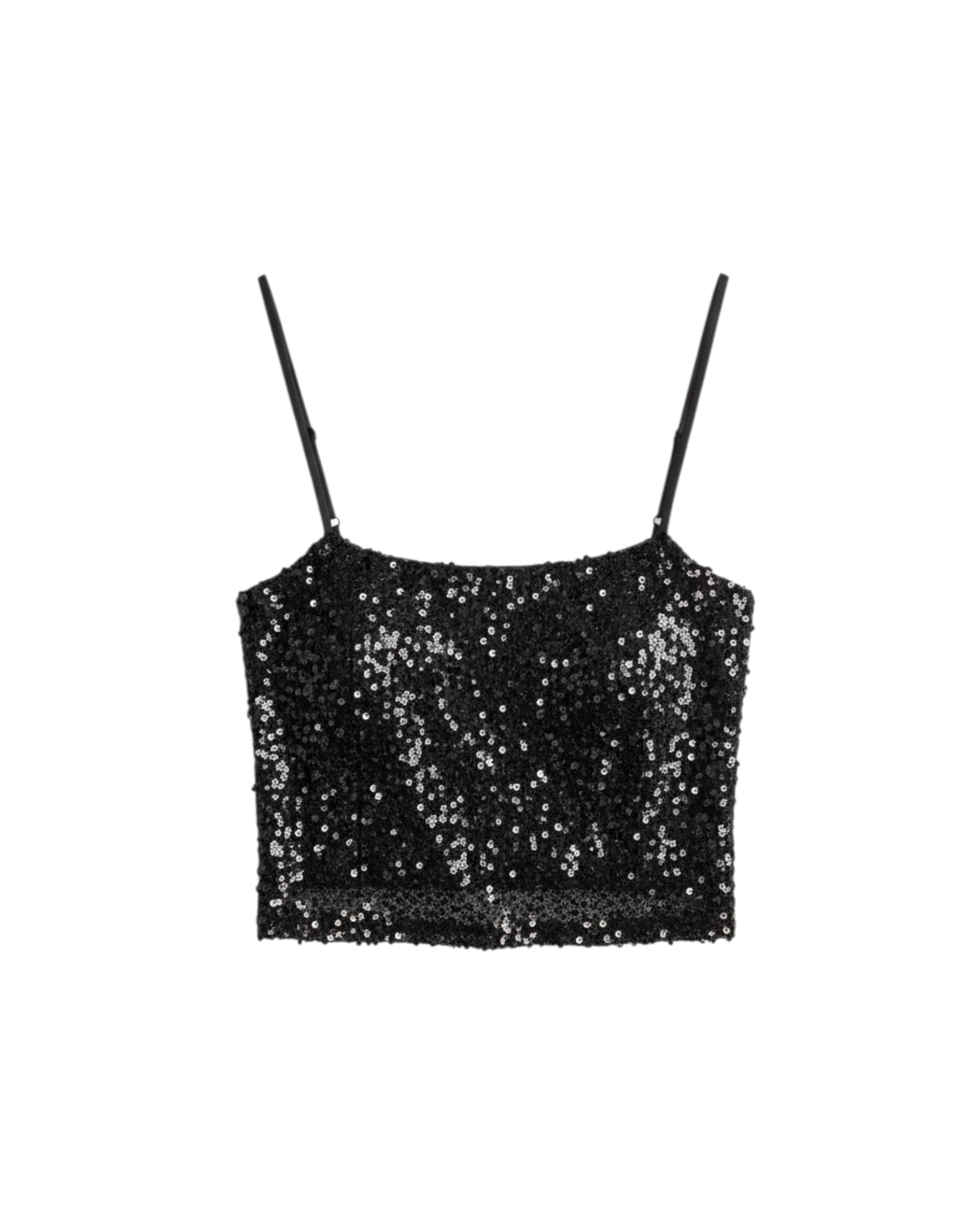 Top corto negro de Yanet Collective con lentejuelas brillantes y tirantes finos ajustables para look de noche