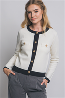 Suéter Cardigan Mujer | Blanco con Ribete Negro y Botones Dorados – Elegante y Clásico