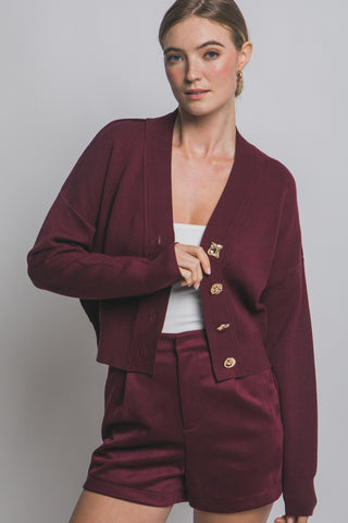 Sueter Cardigan Mujer Vino Tinto | Suéter Elegante Manga Larga con Botones Dorados – Estilo Chic