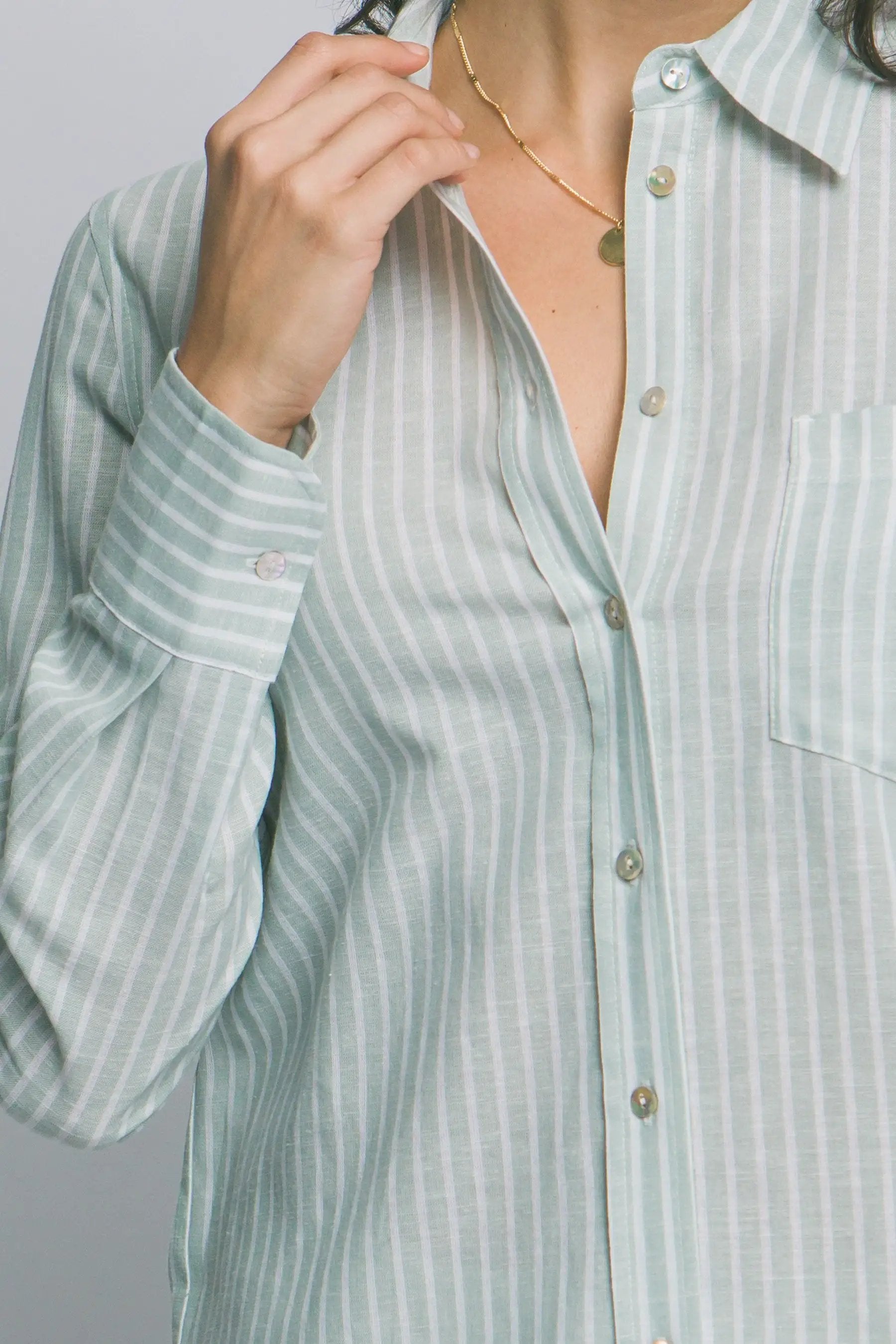 Camisa de Lino a Rayas para Mujer - Estilo Casual y Elegante Azul Manga Larga by LOVE TREE