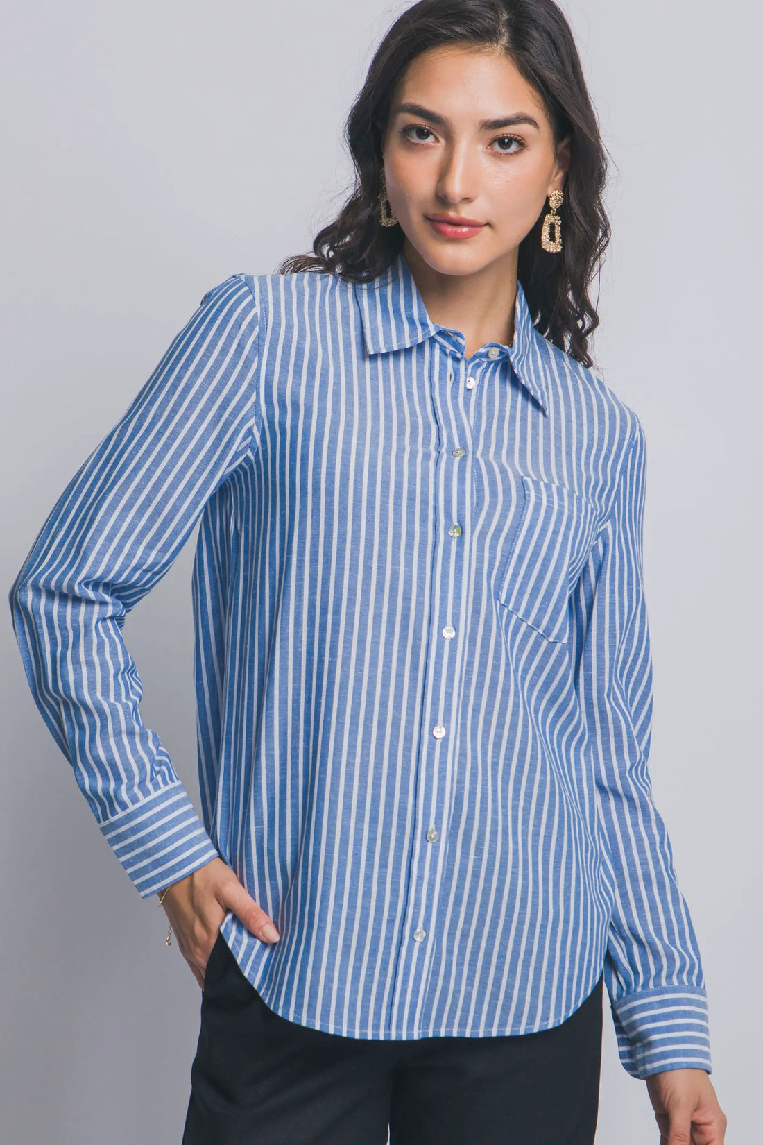 Camisa de Lino a Rayas para Mujer - Estilo Casual y Elegante Azul Manga Larga by LOVE TREE
