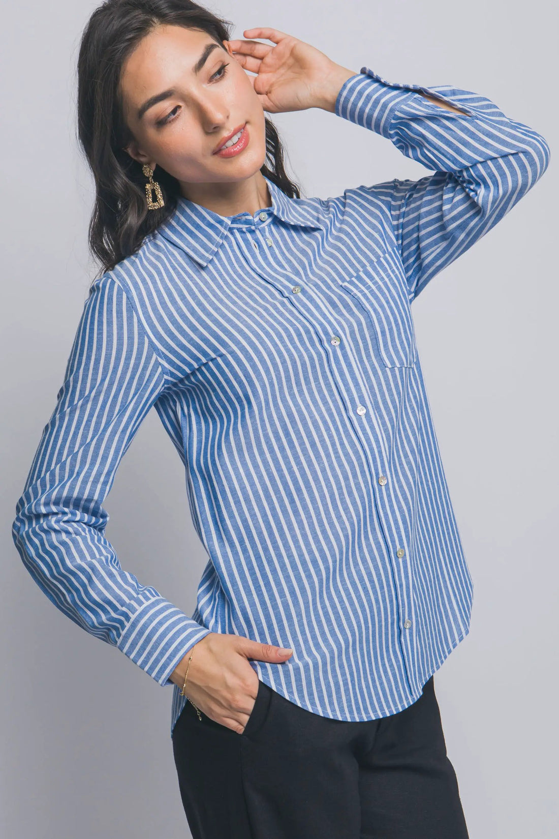 Camisa de Lino a Rayas para Mujer - Estilo Casual y Elegante Azul Manga Larga by LOVE TREE