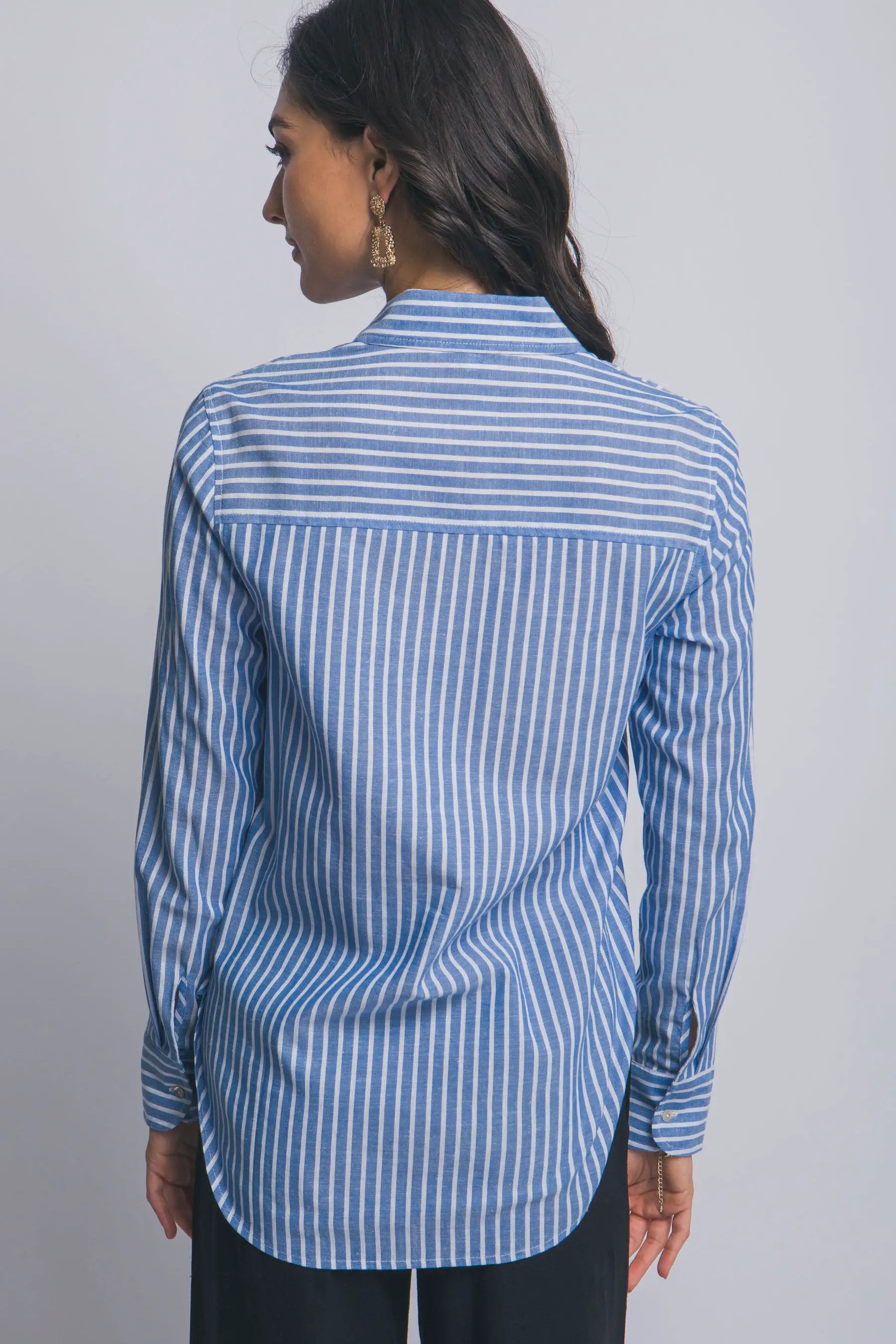 Camisa de Lino a Rayas para Mujer - Estilo Casual y Elegante Azul Manga Larga by LOVE TREE