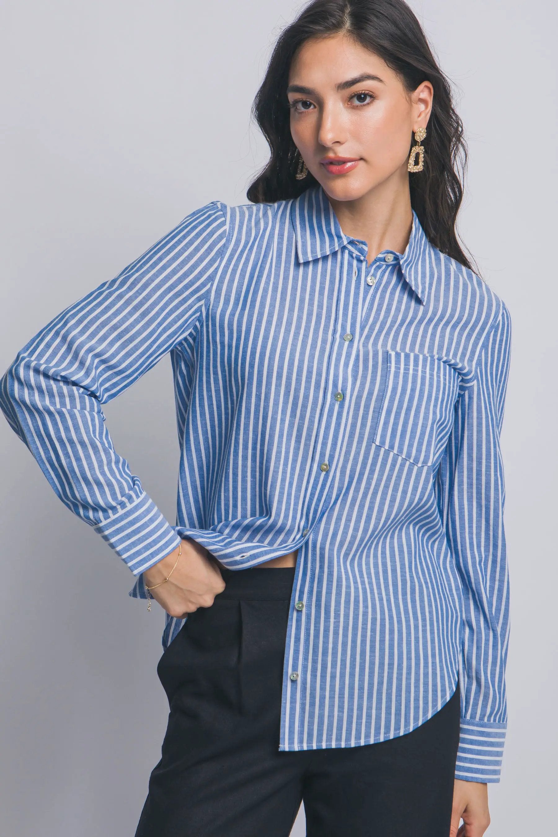 Camisa de Lino a Rayas para Mujer - Estilo Casual y Elegante Azul Manga Larga by LOVE TREE