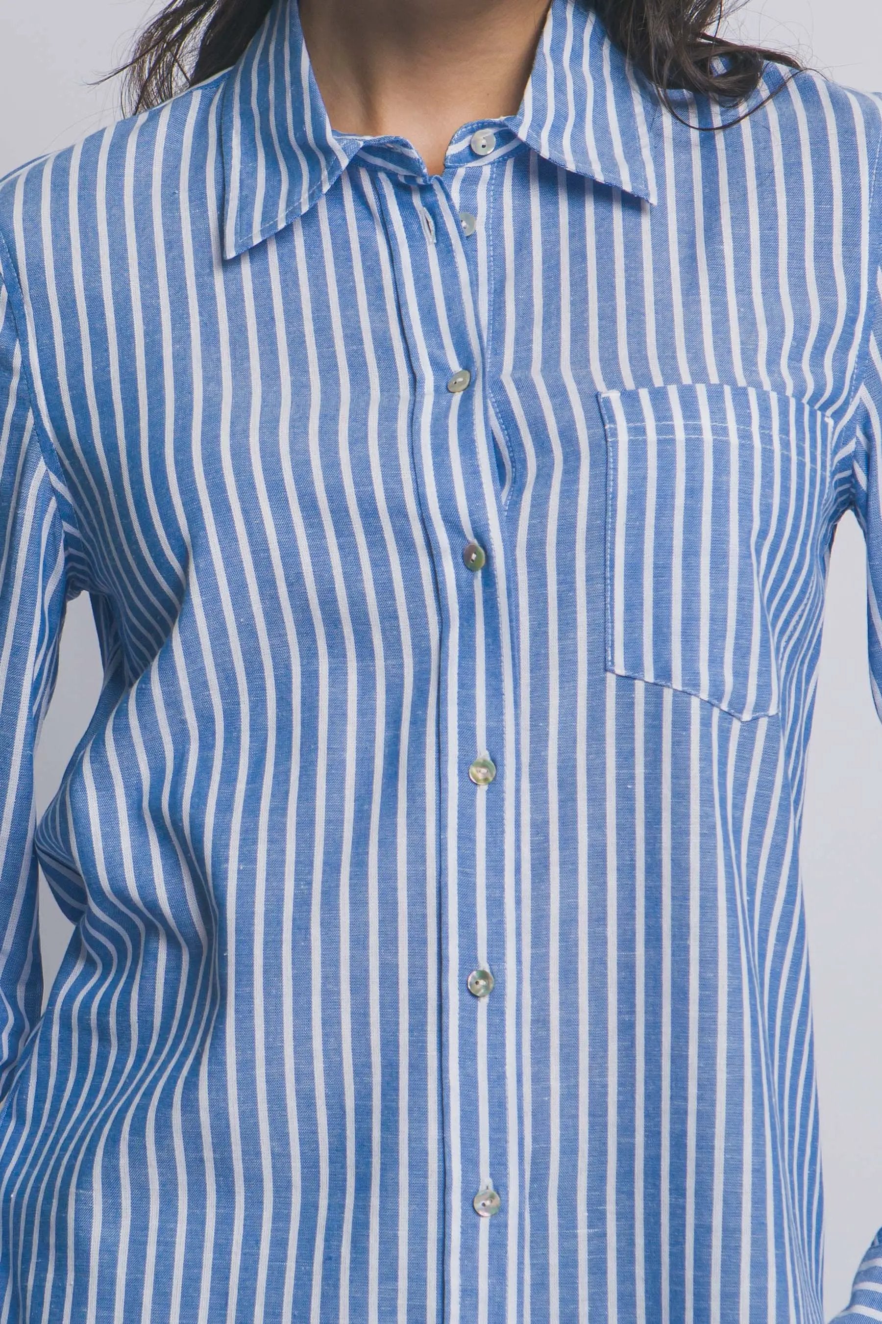 Camisa de Lino a Rayas para Mujer - Estilo Casual y Elegante Azul Manga Larga by LOVE TREE
