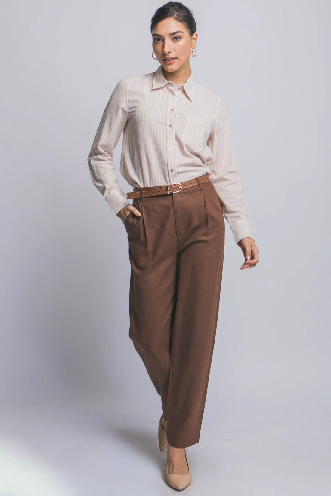 LOVE TREE Pantalones de Lino de Tiro Alto con Cinturón para Mujer - Pants