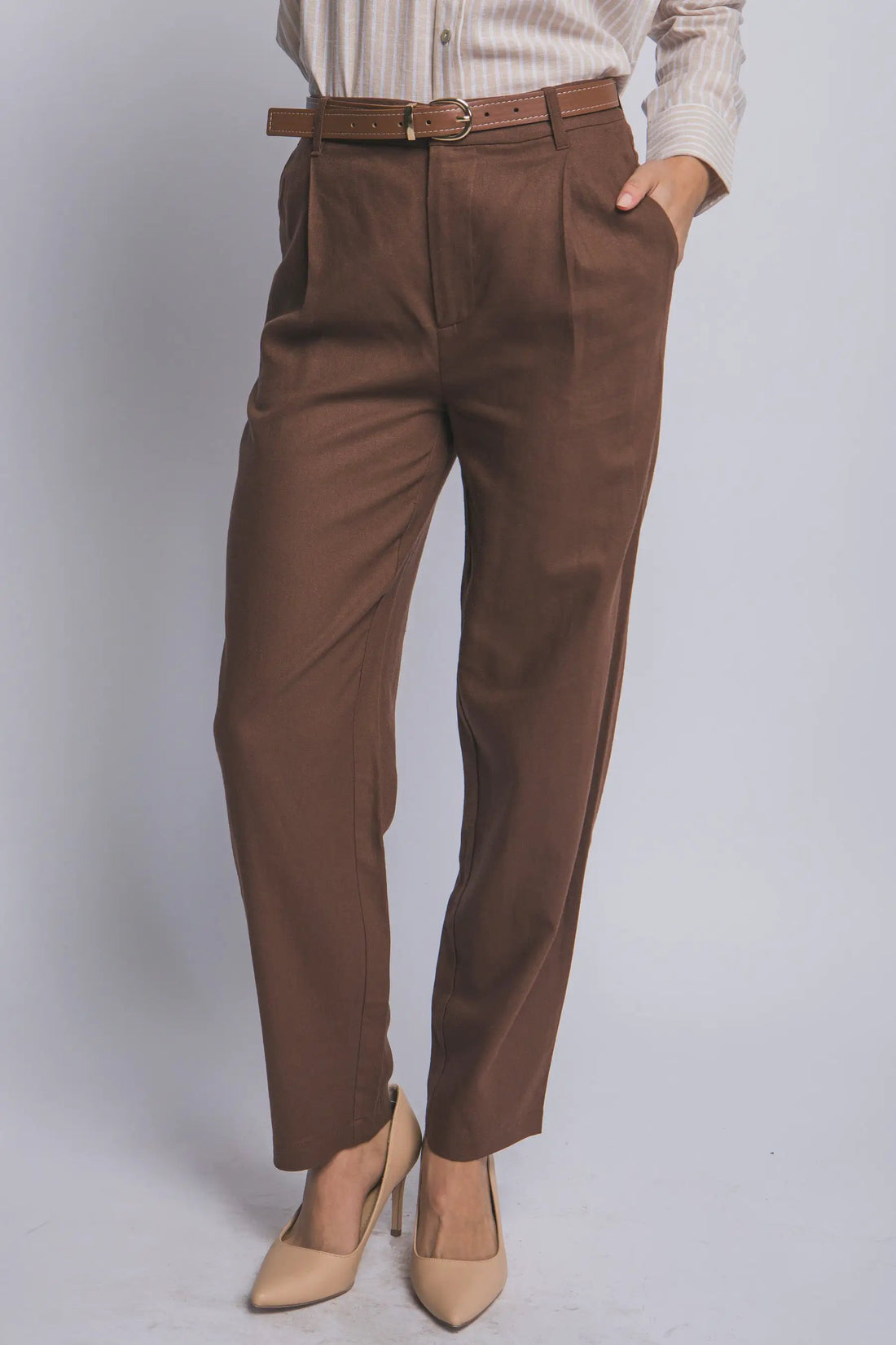 LOVE TREE Pantalones de Lino de Tiro Alto con Cinturón para Mujer - Pants