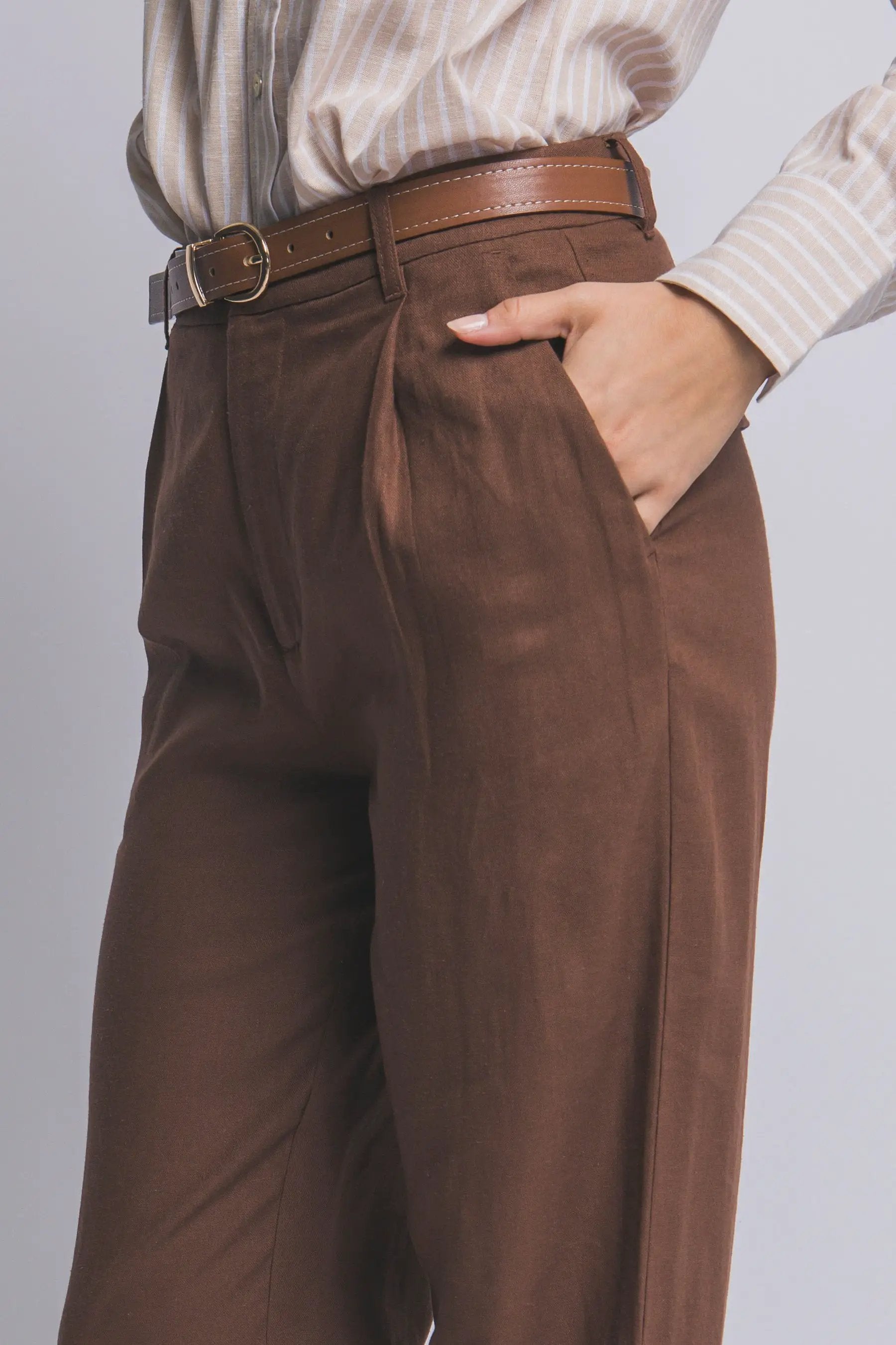 LOVE TREE Pantalones de Lino de Tiro Alto con Cinturón para Mujer - Pants