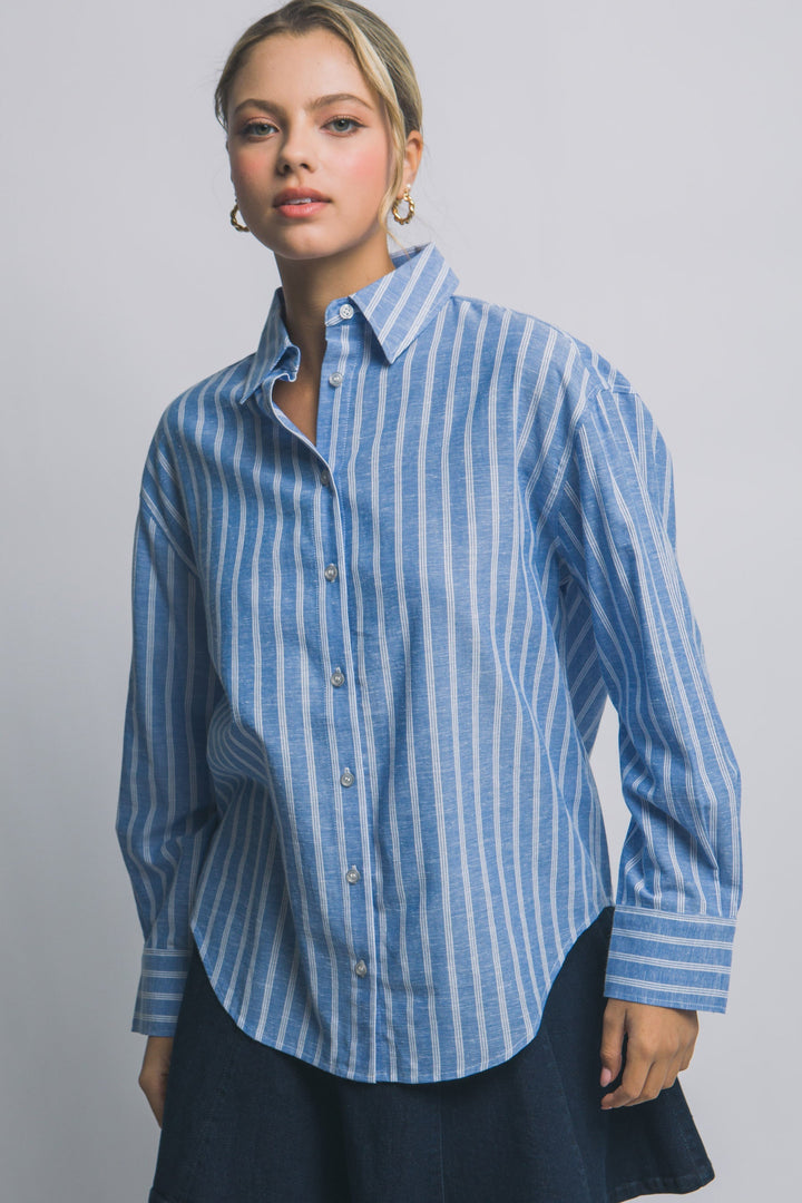 Camisa Oversized a Rayas Azules – Estilo Casual Chic en Algodón y Lino