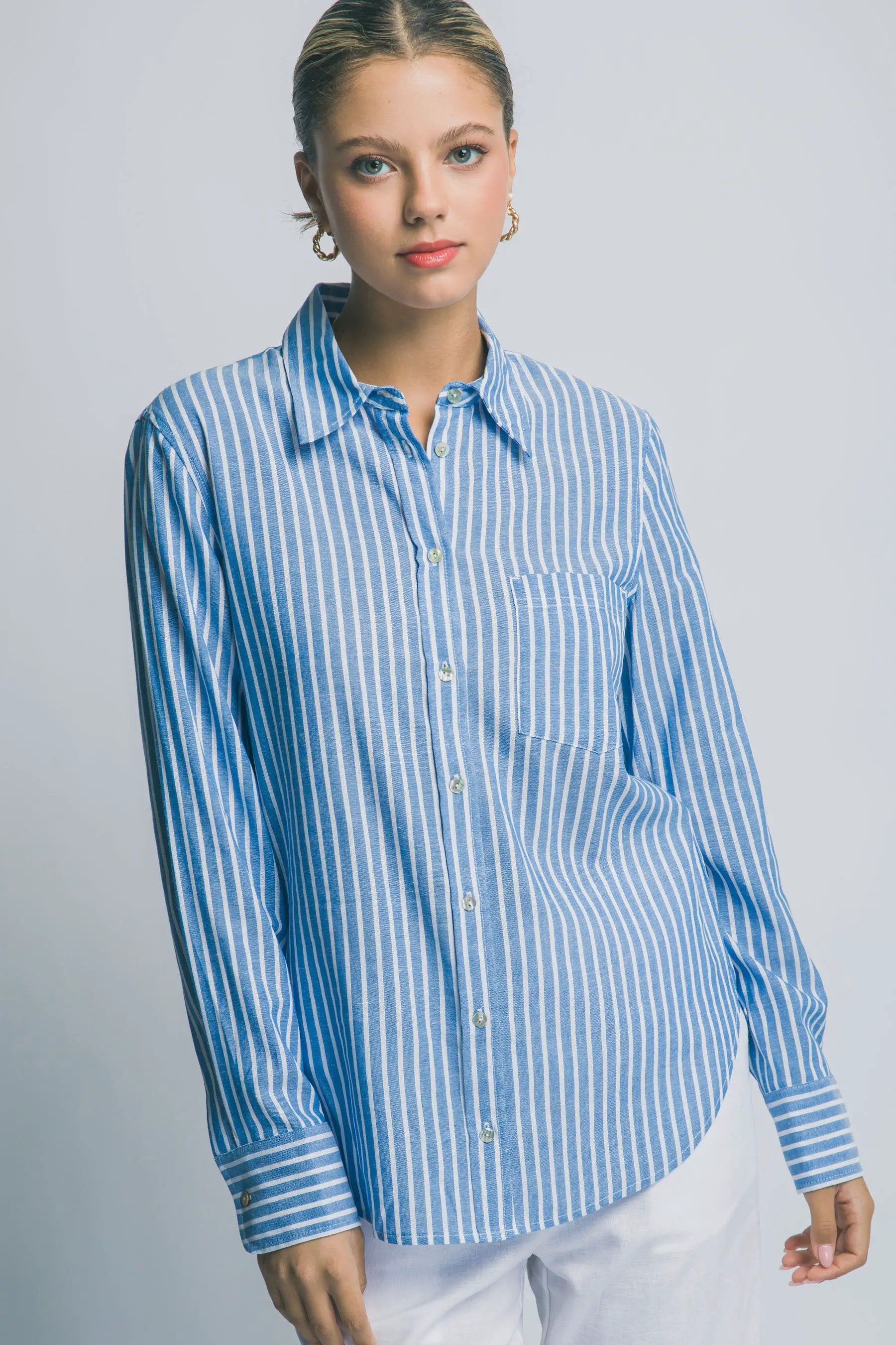 Camisa de Lino a Rayas para Mujer - Estilo Casual y Elegante Azul Manga Larga by LOVE TREE