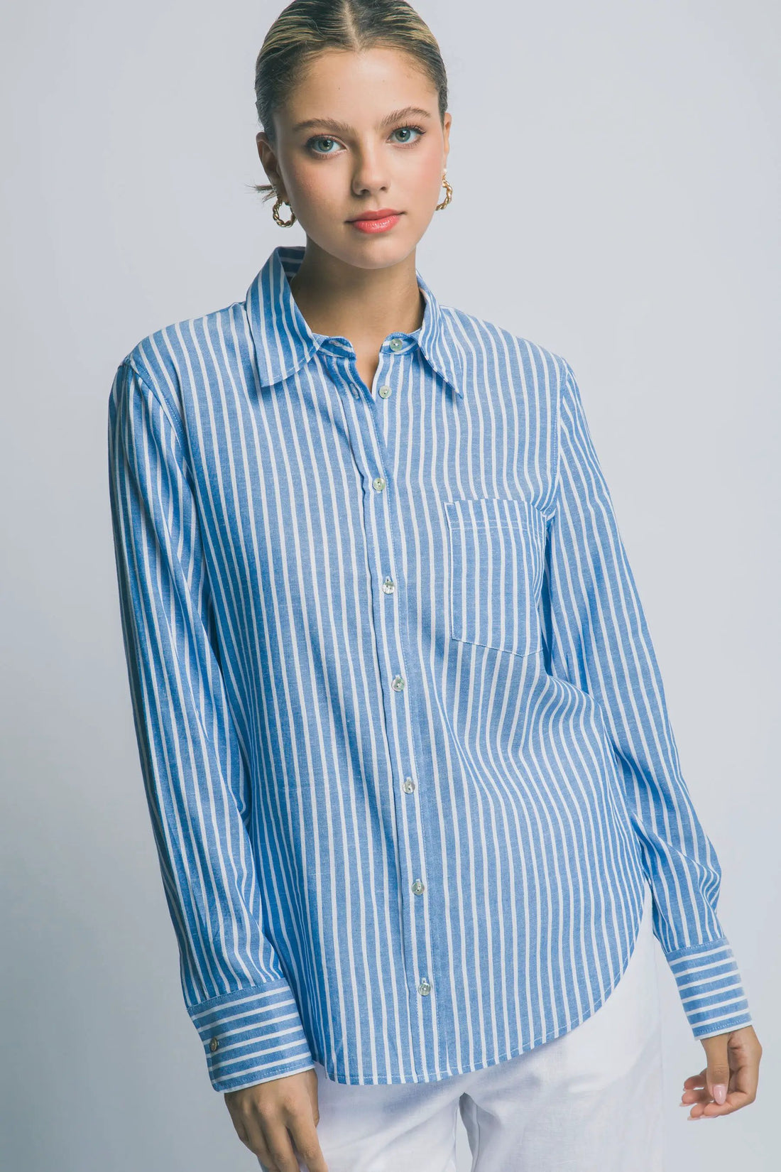 Camisa de Lino a Rayas para Mujer - Estilo Casual y Elegante Azul Manga Larga by LOVE TREE