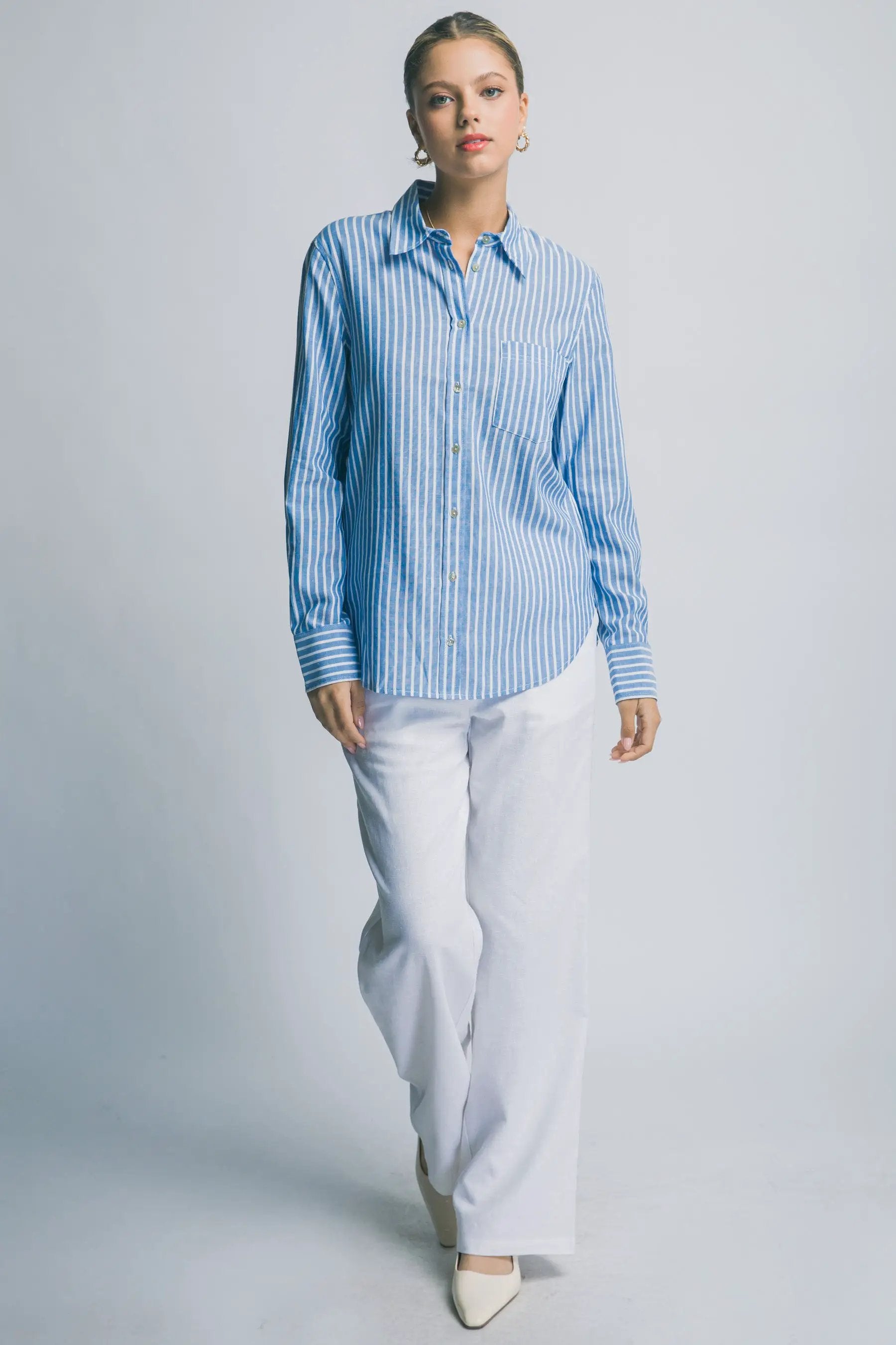 Camisa de Lino a Rayas para Mujer - Estilo Casual y Elegante Azul Manga Larga by LOVE TREE