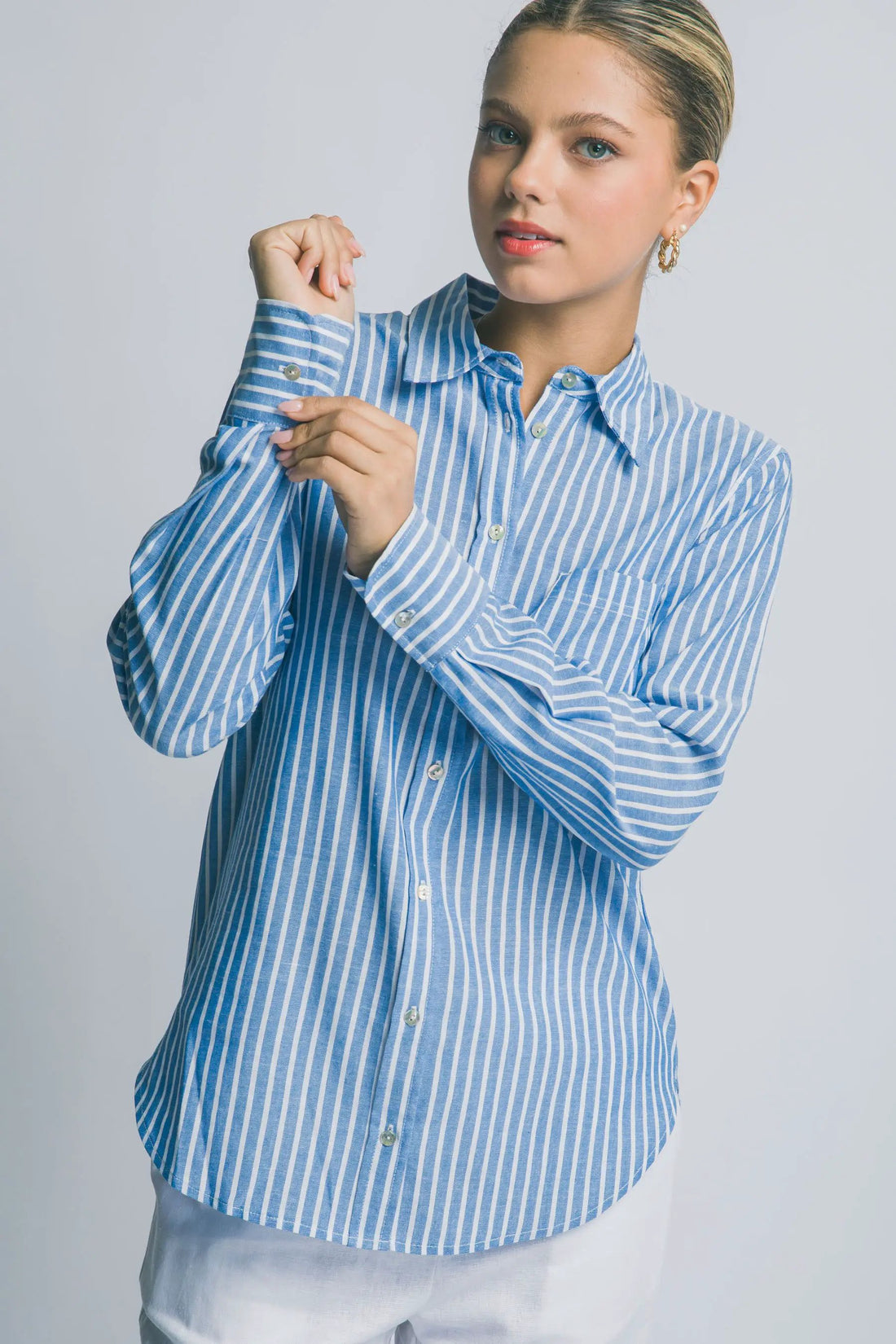 Camisa de Lino a Rayas para Mujer - Estilo Casual y Elegante Azul Manga Larga by LOVE TREE