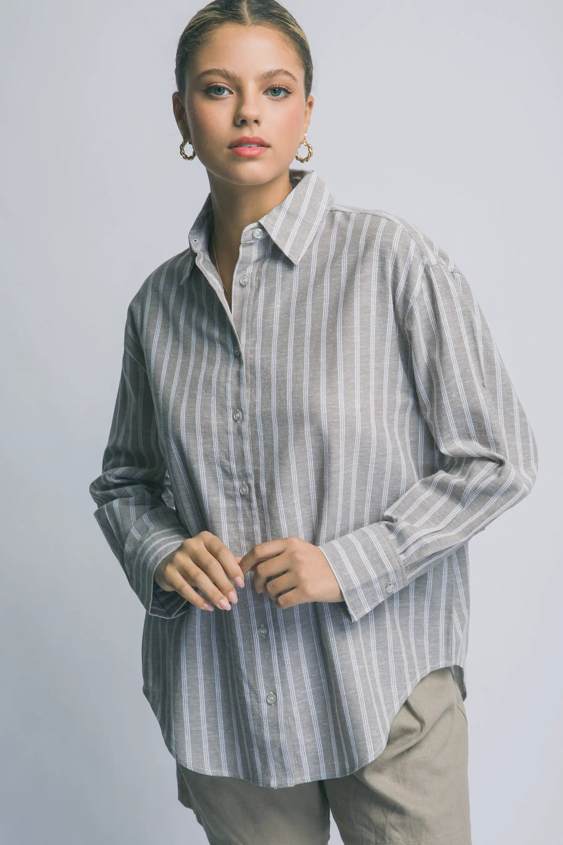 Camisa Oversized de Rayas con Botones Azul Manga Larga by LOVE TREE