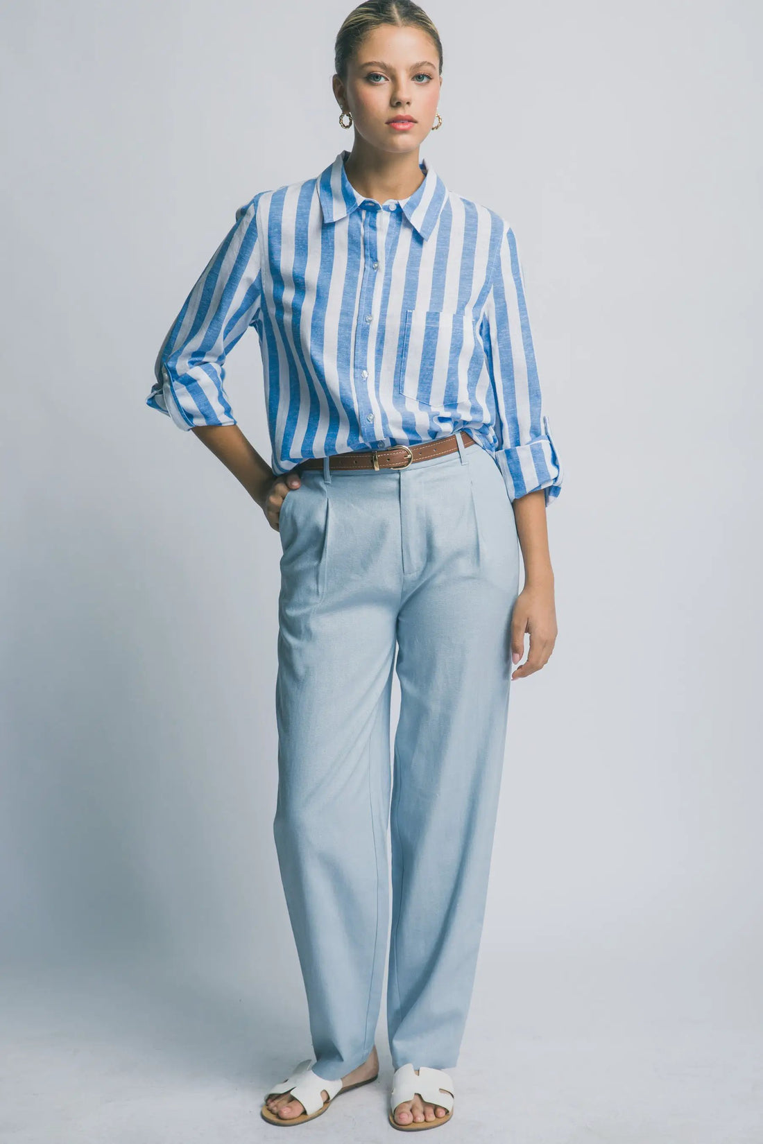 LOVE TREE Pantalones de Lino de Tiro Alto con Cinturón para Mujer - Pants