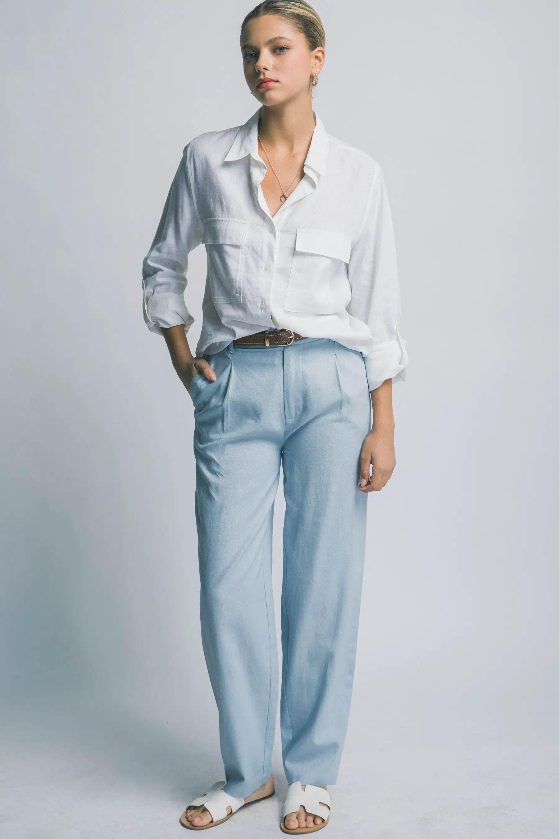 LOVE TREE Pantalones de Lino de Tiro Alto con Cinturón para Mujer - Pants