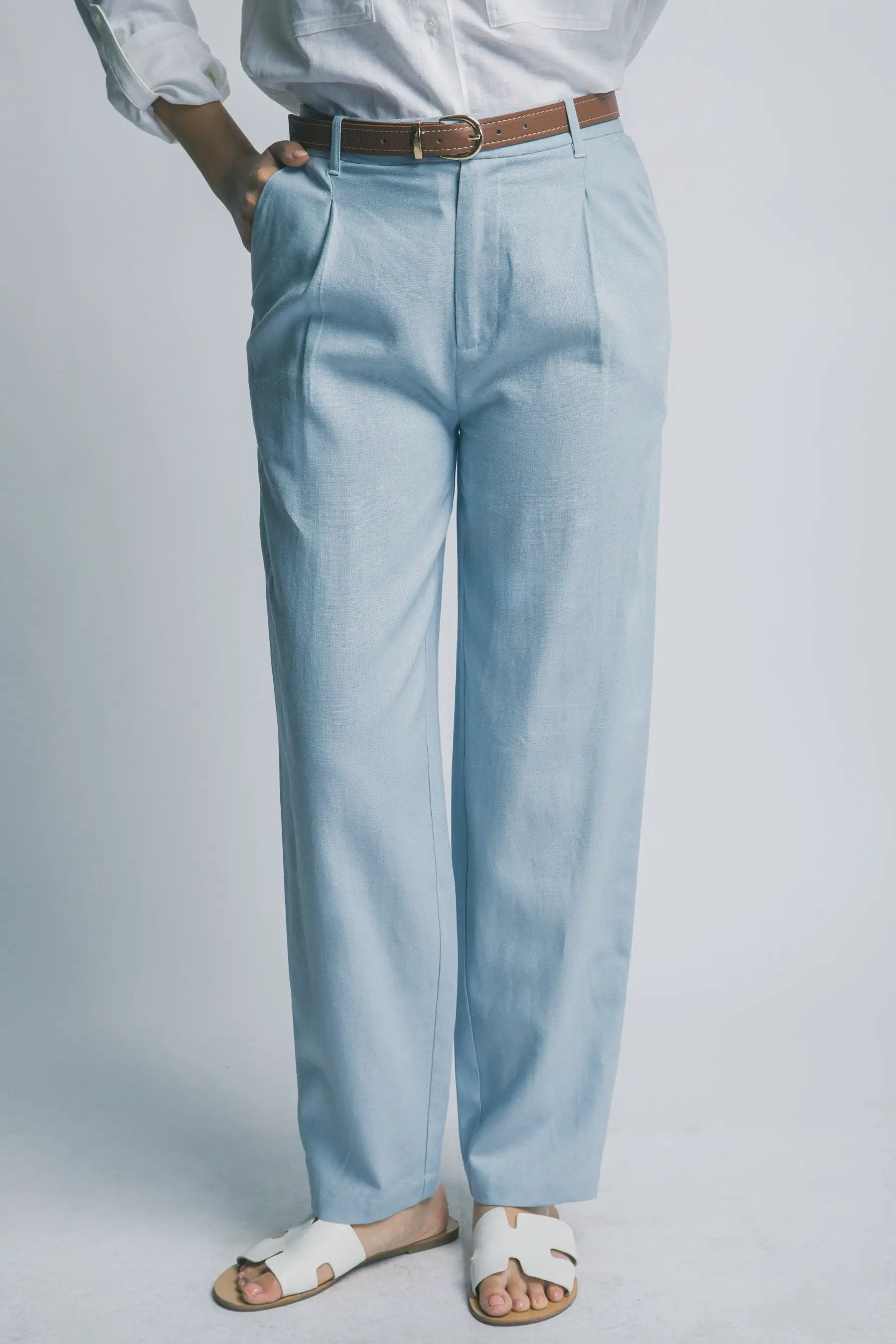 LOVE TREE Pantalones de Lino de Tiro Alto con Cinturón para Mujer - Pants