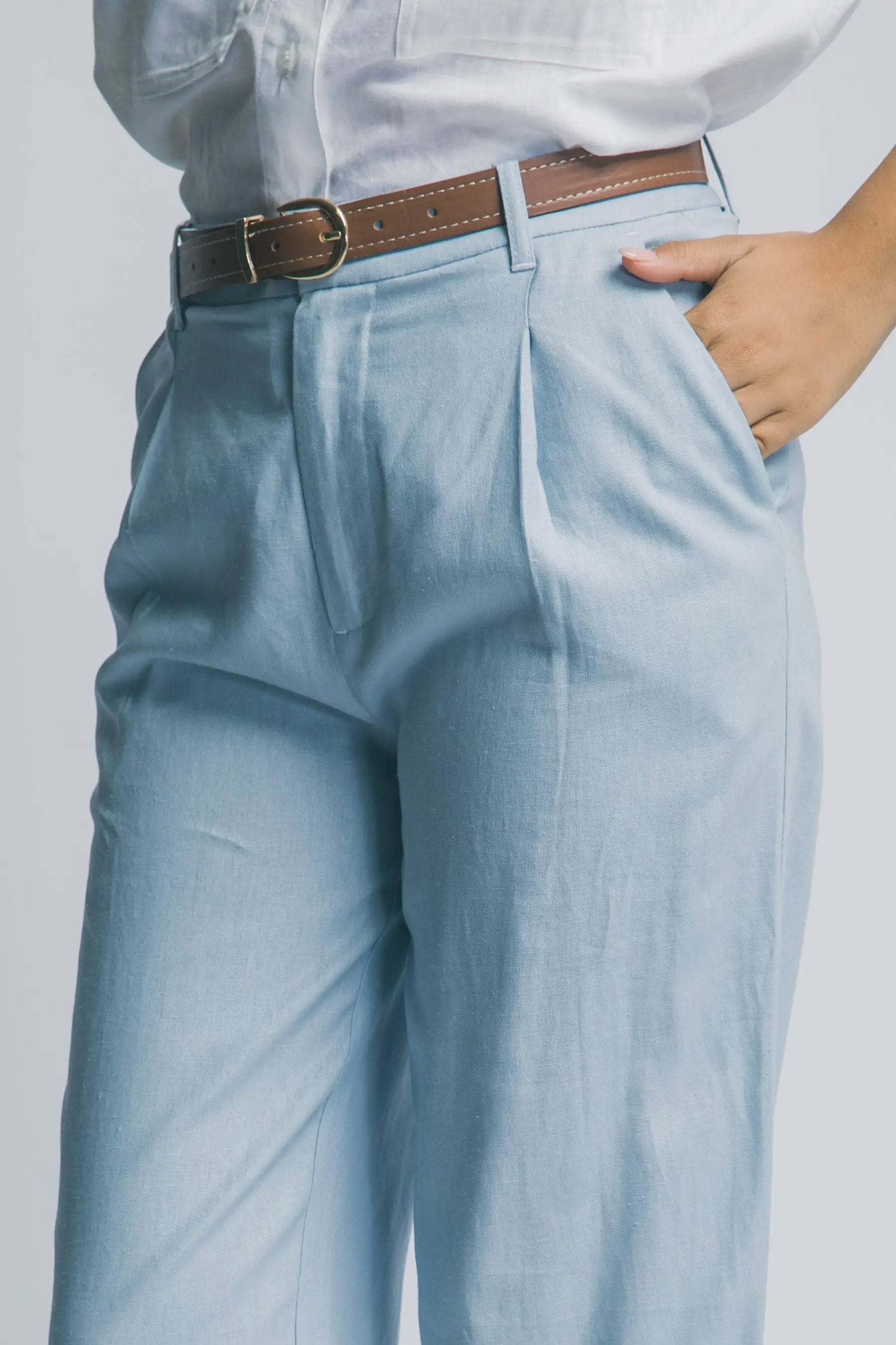 LOVE TREE Pantalones de Lino de Tiro Alto con Cinturón para Mujer - Pants