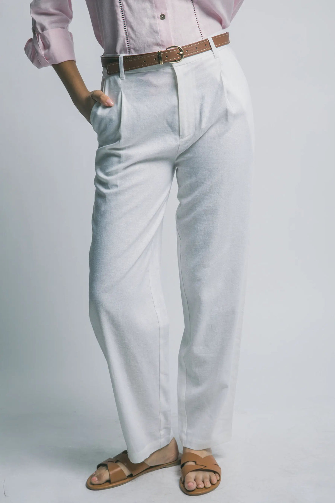 LOVE TREE Pantalones de Lino de Tiro Alto con Cinturón para Mujer - Pants