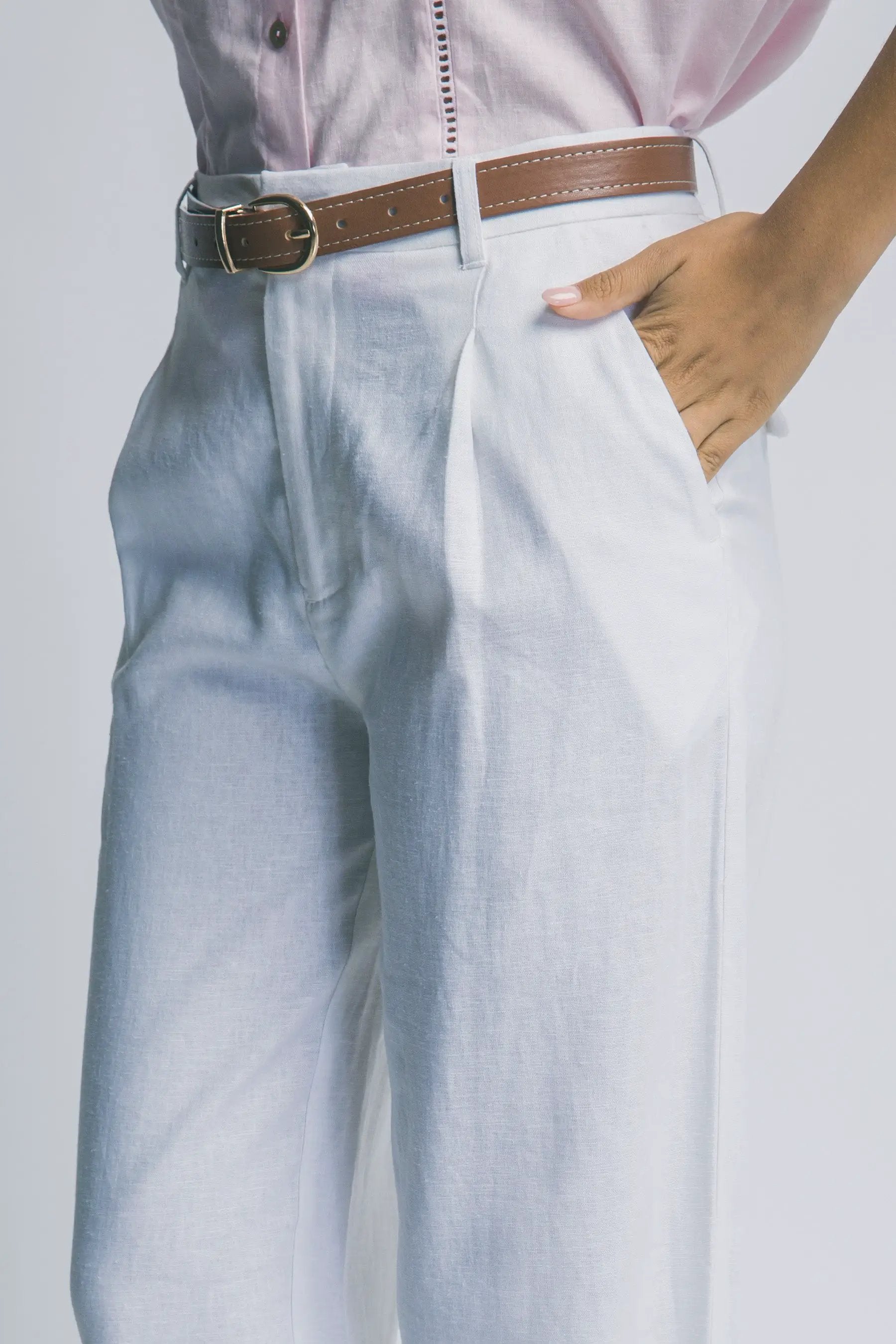 LOVE TREE Pantalones de Lino de Tiro Alto con Cinturón para Mujer - Pants