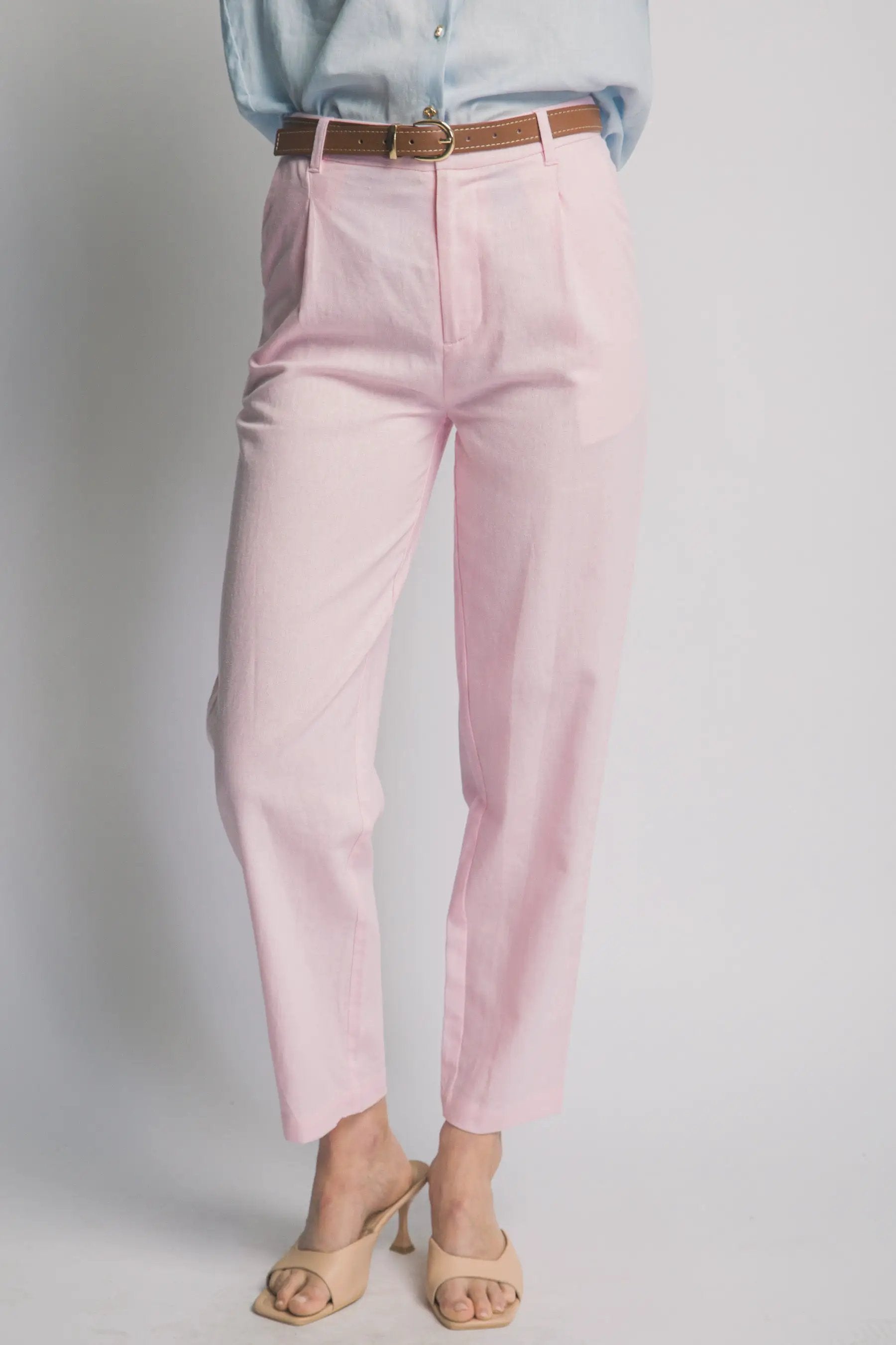 LOVE TREE Pantalones de Lino de Tiro Alto con Cinturón para Mujer - Pants