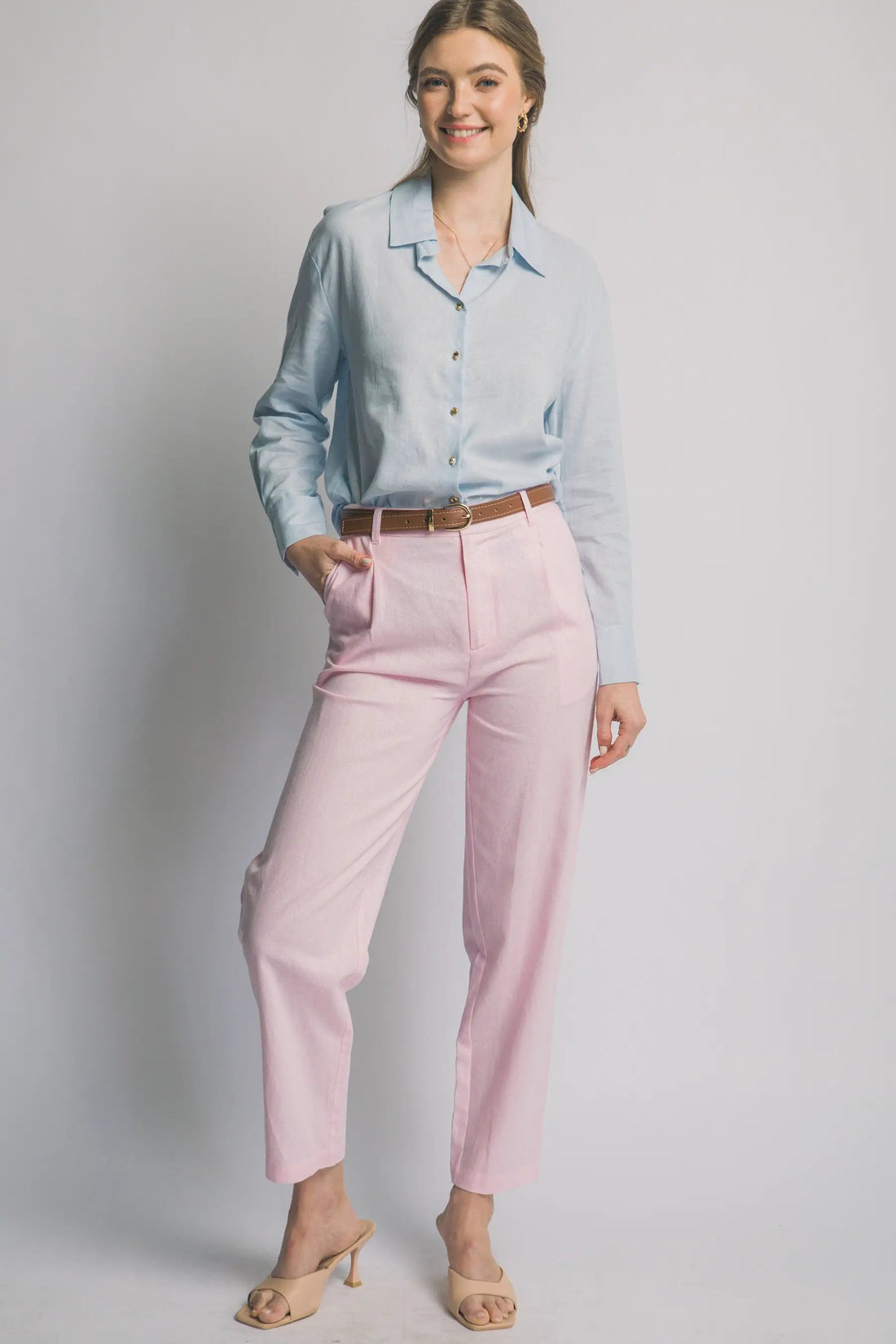 LOVE TREE Pantalones de Lino de Tiro Alto con Cinturón para Mujer - Pants