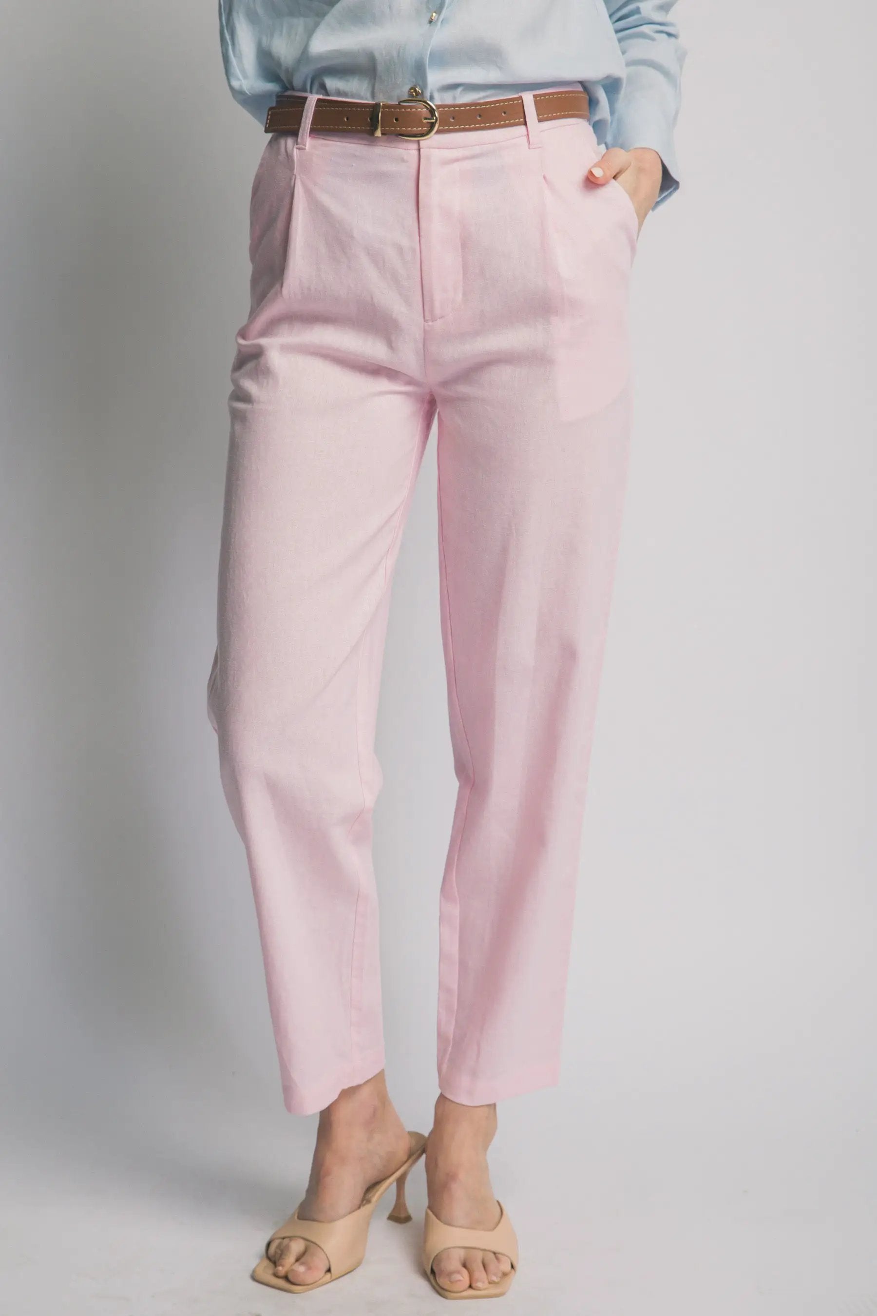 LOVE TREE Pantalones de Lino de Tiro Alto con Cinturón para Mujer - Pants