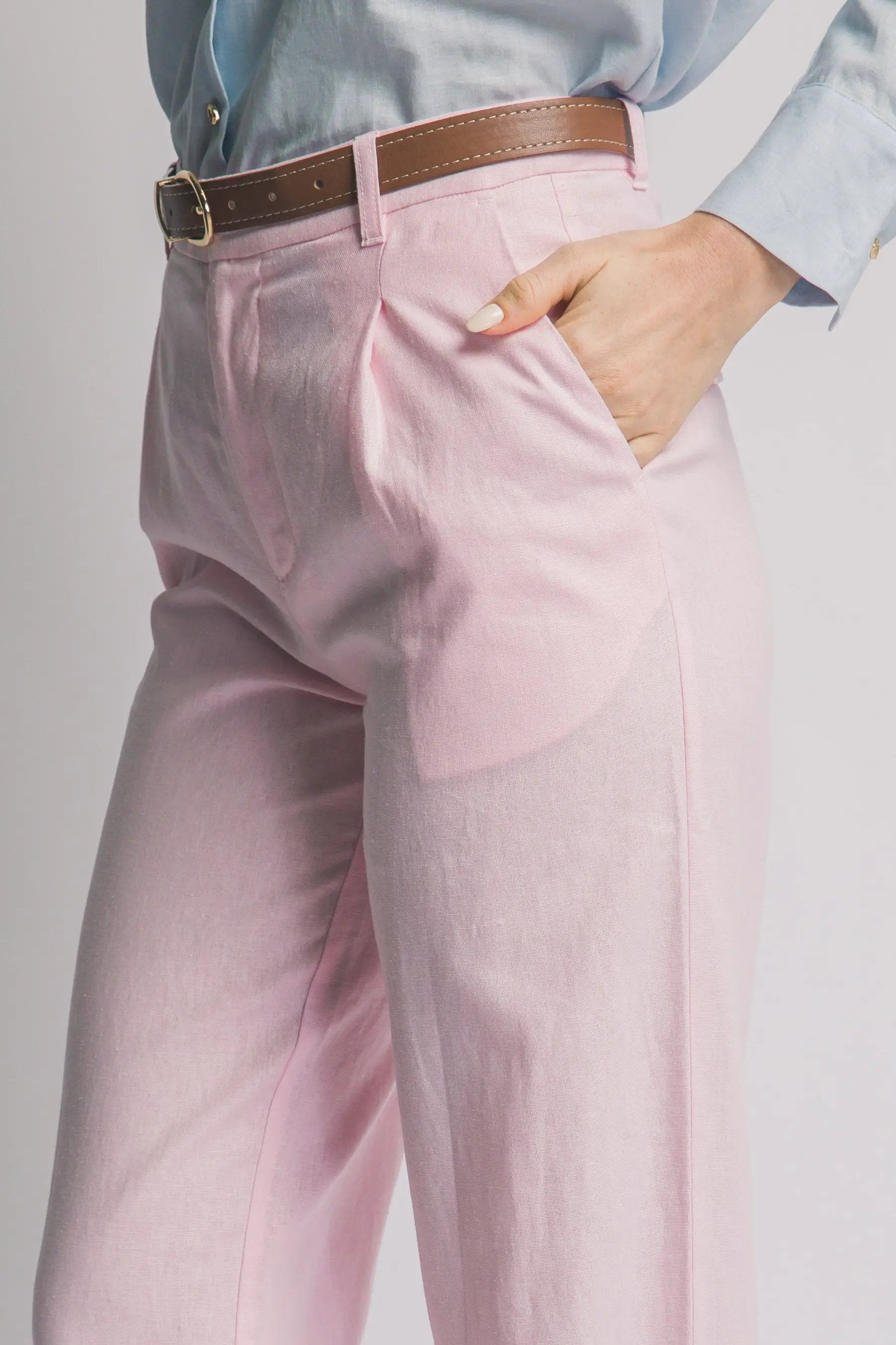 LOVE TREE Pantalones de Lino de Tiro Alto con Cinturón para Mujer - Pants