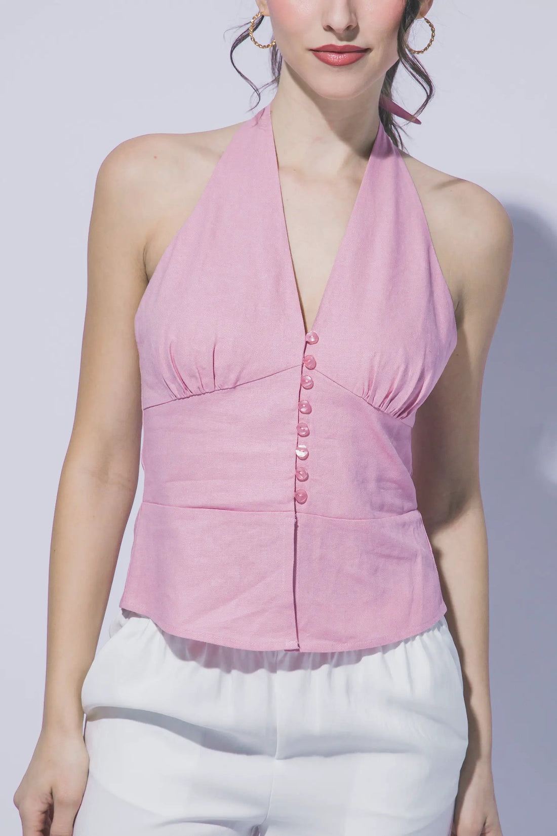 LOVE TREE Blusa Halter de Lino con Botones para Mujer - Tops