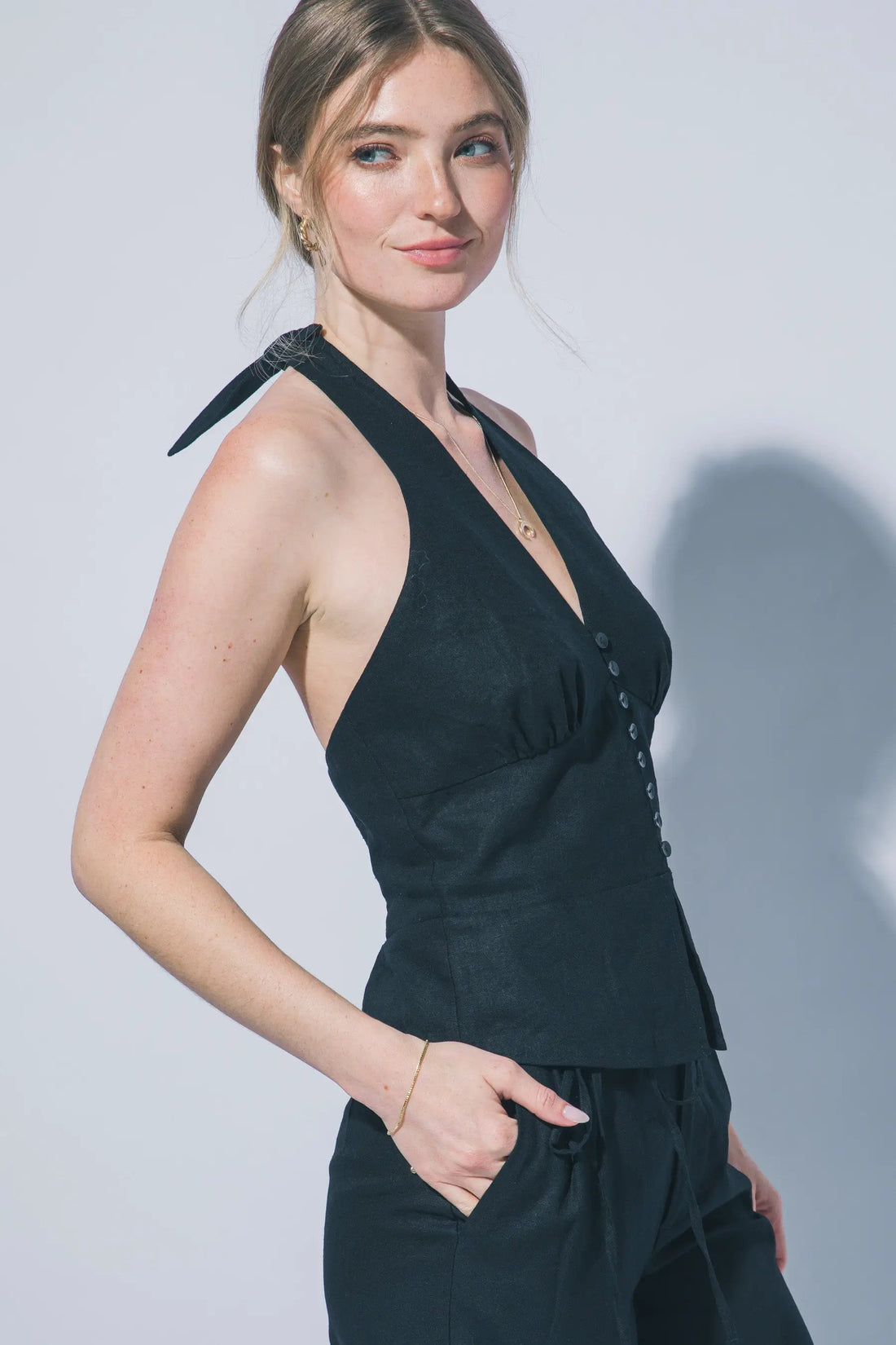 LOVE TREE Blusa Halter de Lino con Botones para Mujer - Tops