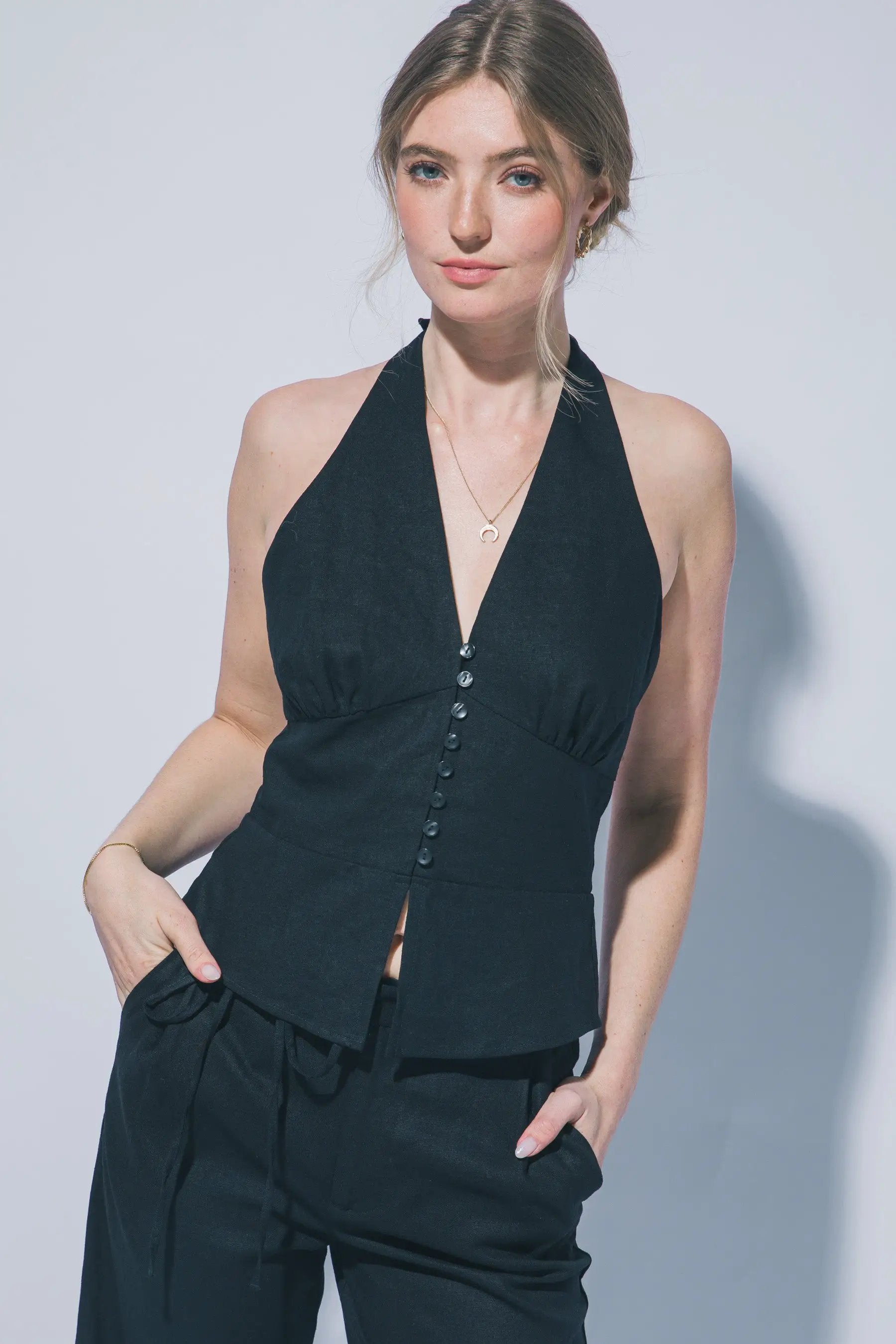 LOVE TREE Blusa Halter de Lino con Botones para Mujer - Tops