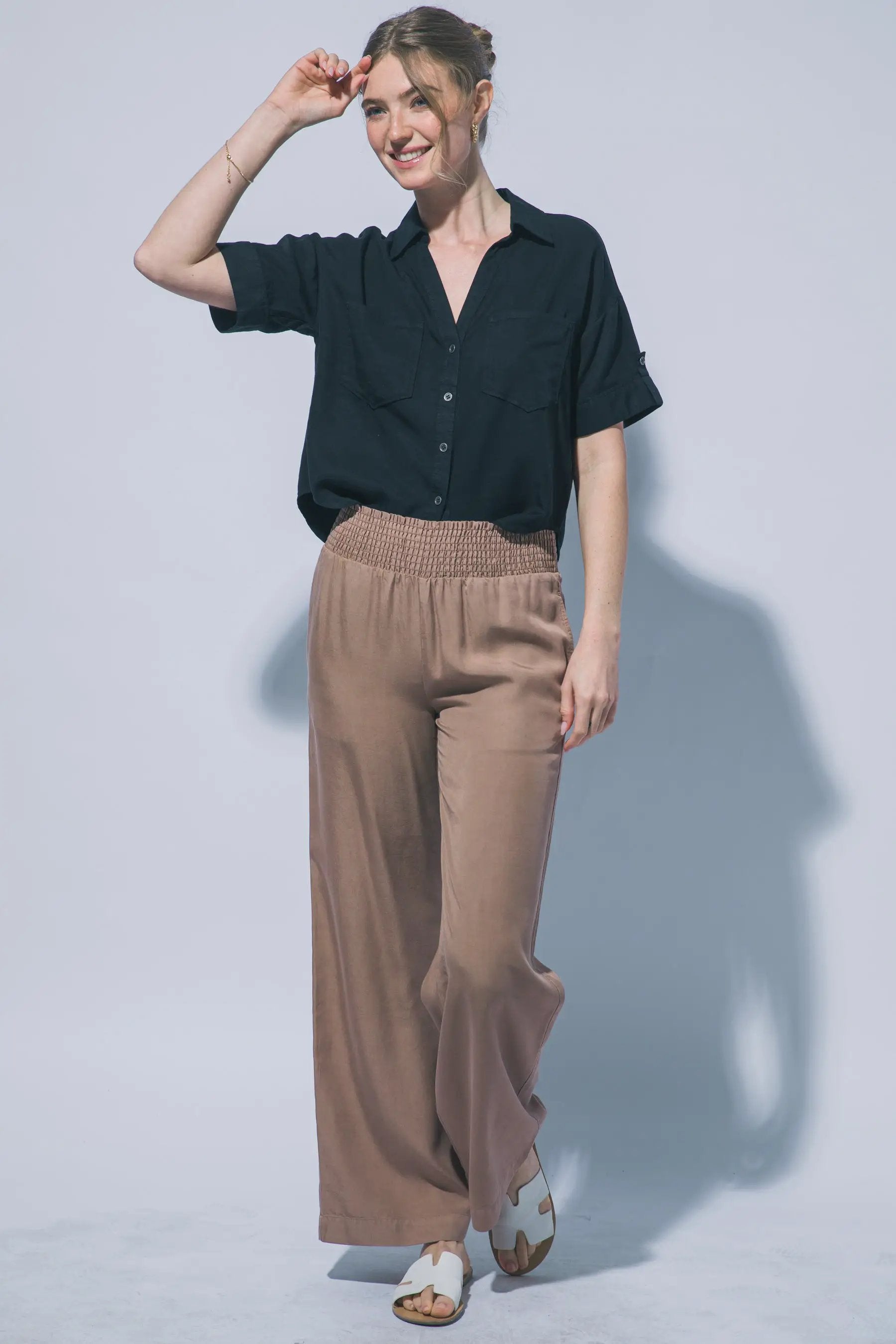 LOVE TREE Pantalones Casuales de Cintura Alta con Smock para Mujer - LOVE TREE - Pants