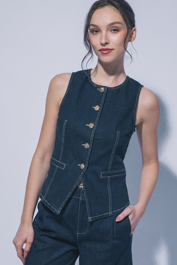 Chaleco de Mezclilla Indigo para Mujer – Estilo Casual Chic con Botones y Bolsillos