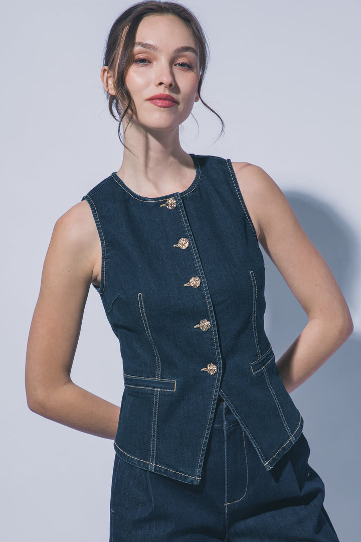 Chaleco de Mezclilla Indigo para Mujer – Estilo Casual Chic con Botones y Bolsillos