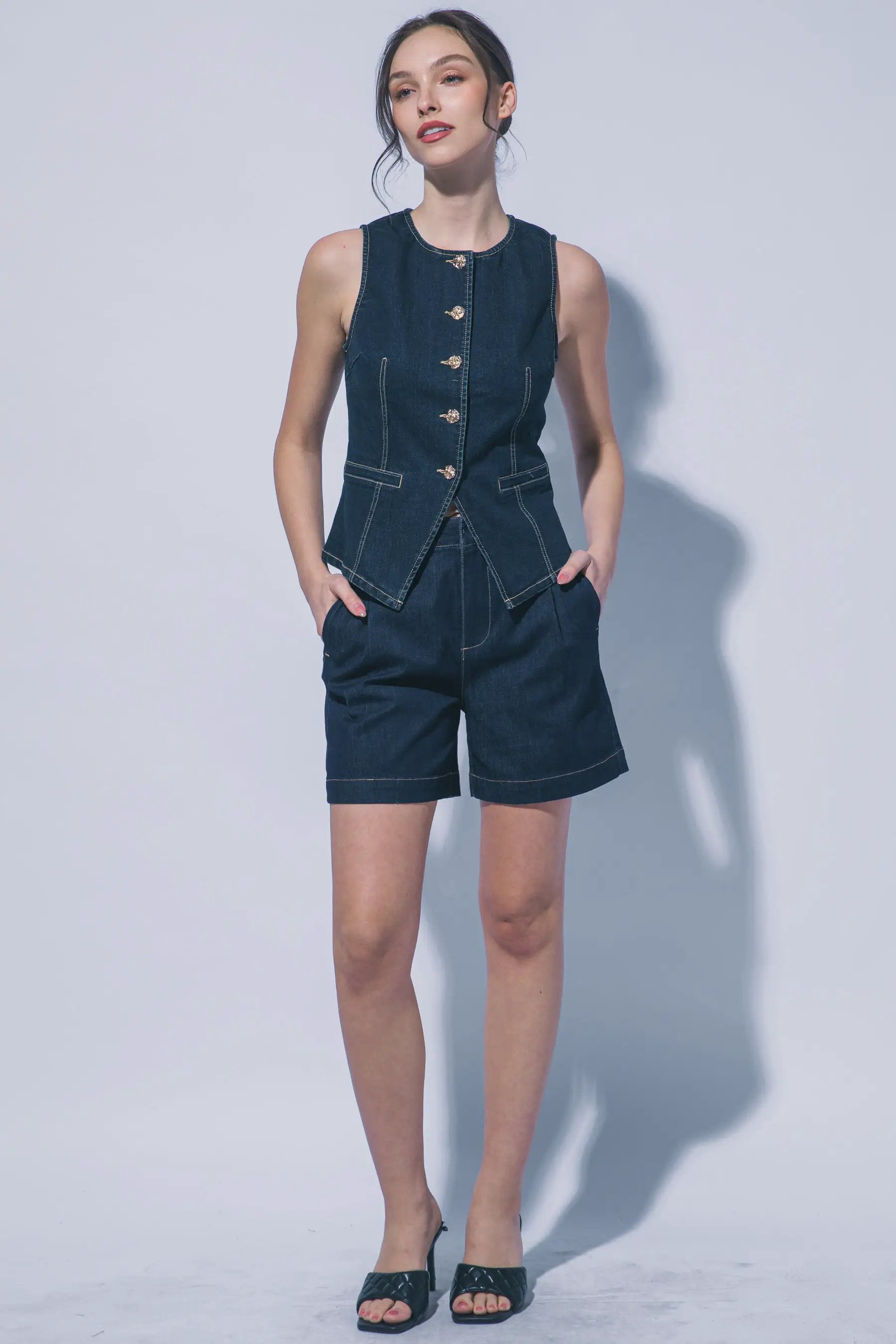Chaleco Blusa de Mezclilla con Cuello Redondo Azul Indigo by LOVE TREE