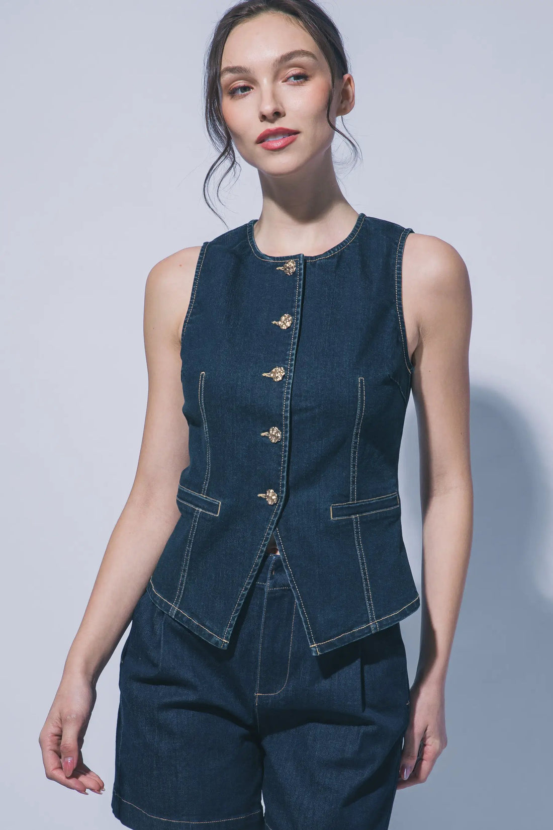 Chaleco Blusa de Mezclilla con Cuello Redondo Azul Indigo by LOVE TREE