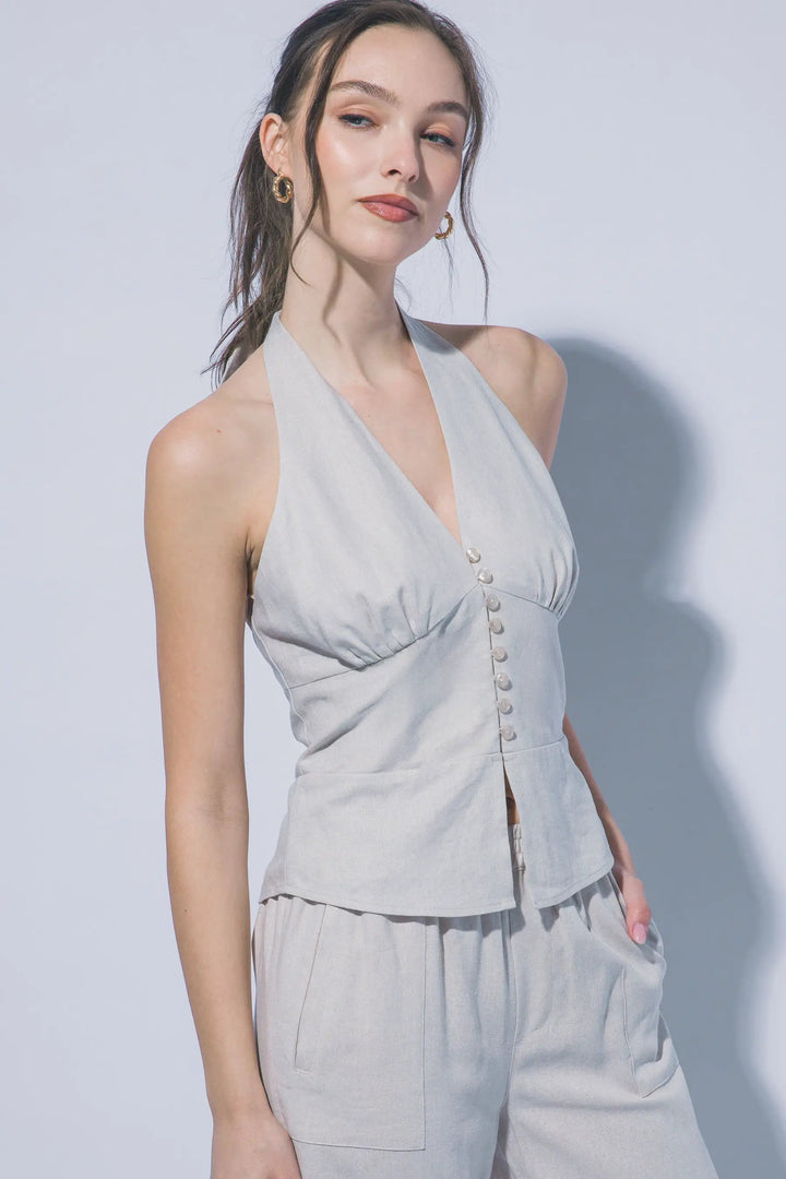 LOVE TREE Blusa Halter de Lino con Botones para Mujer - Tops
