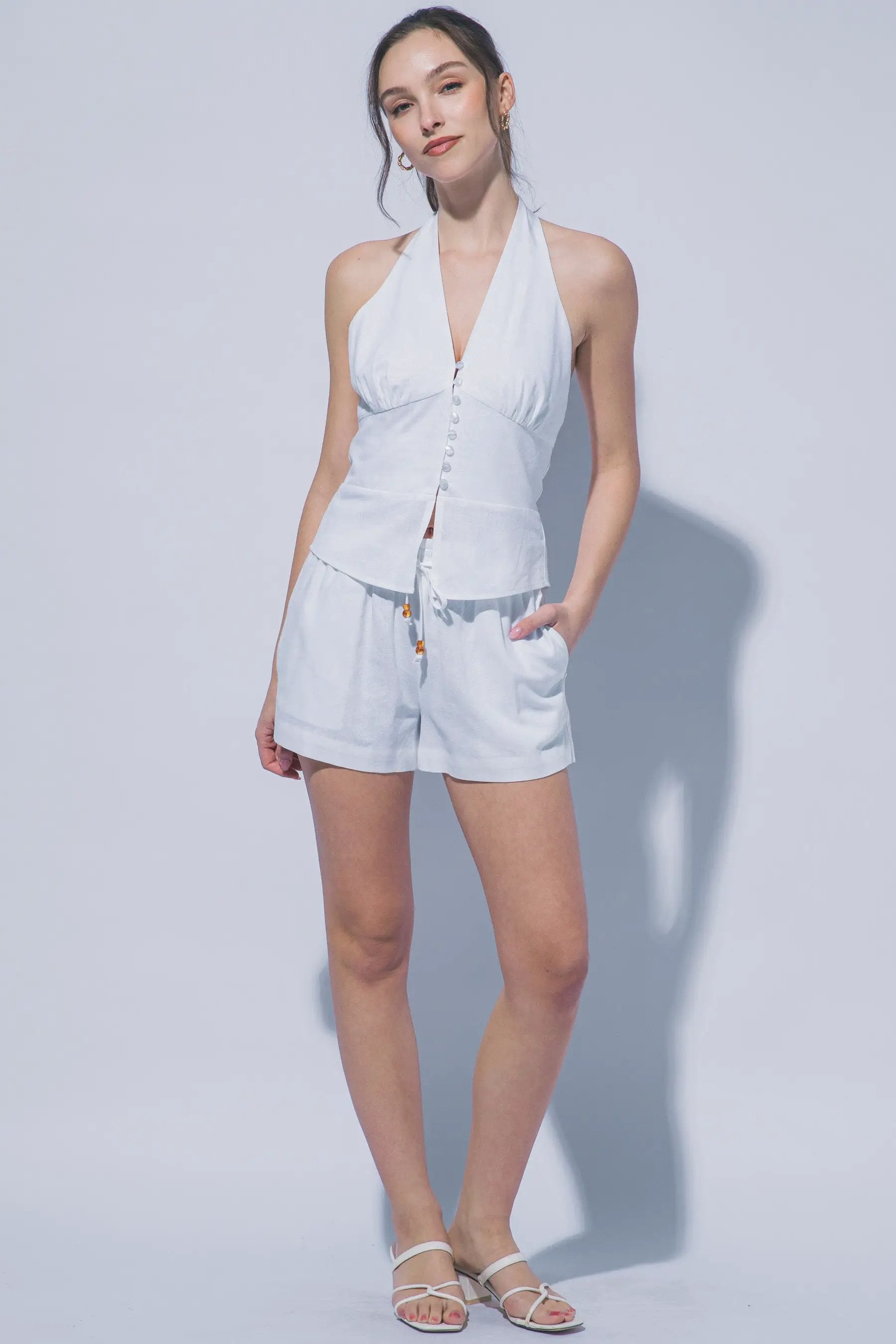 LOVE TREE Blusa Halter de Lino con Botones para Mujer - Tops