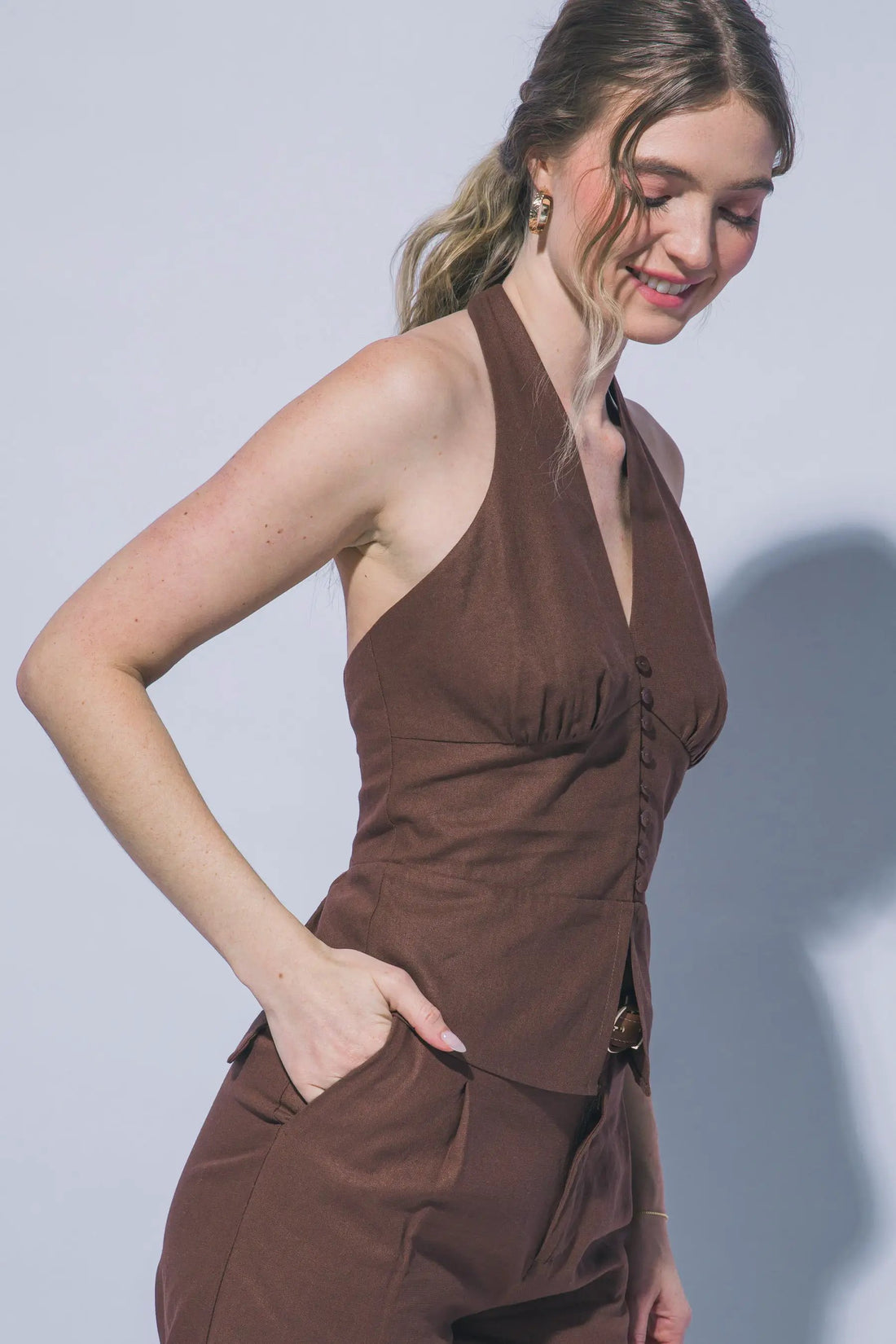 LOVE TREE Blusa Halter de Lino con Botones para Mujer - Tops