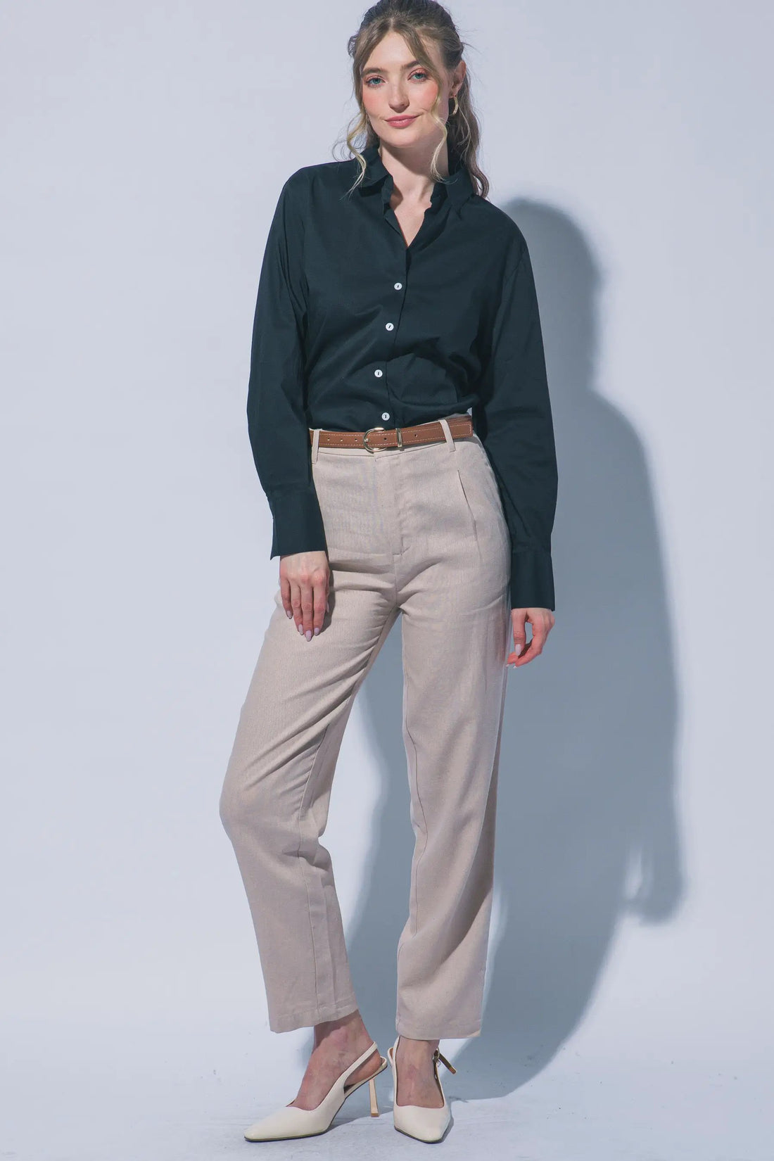 LOVE TREE Pantalones de Lino de Tiro Alto con Cinturón para Mujer - Pants