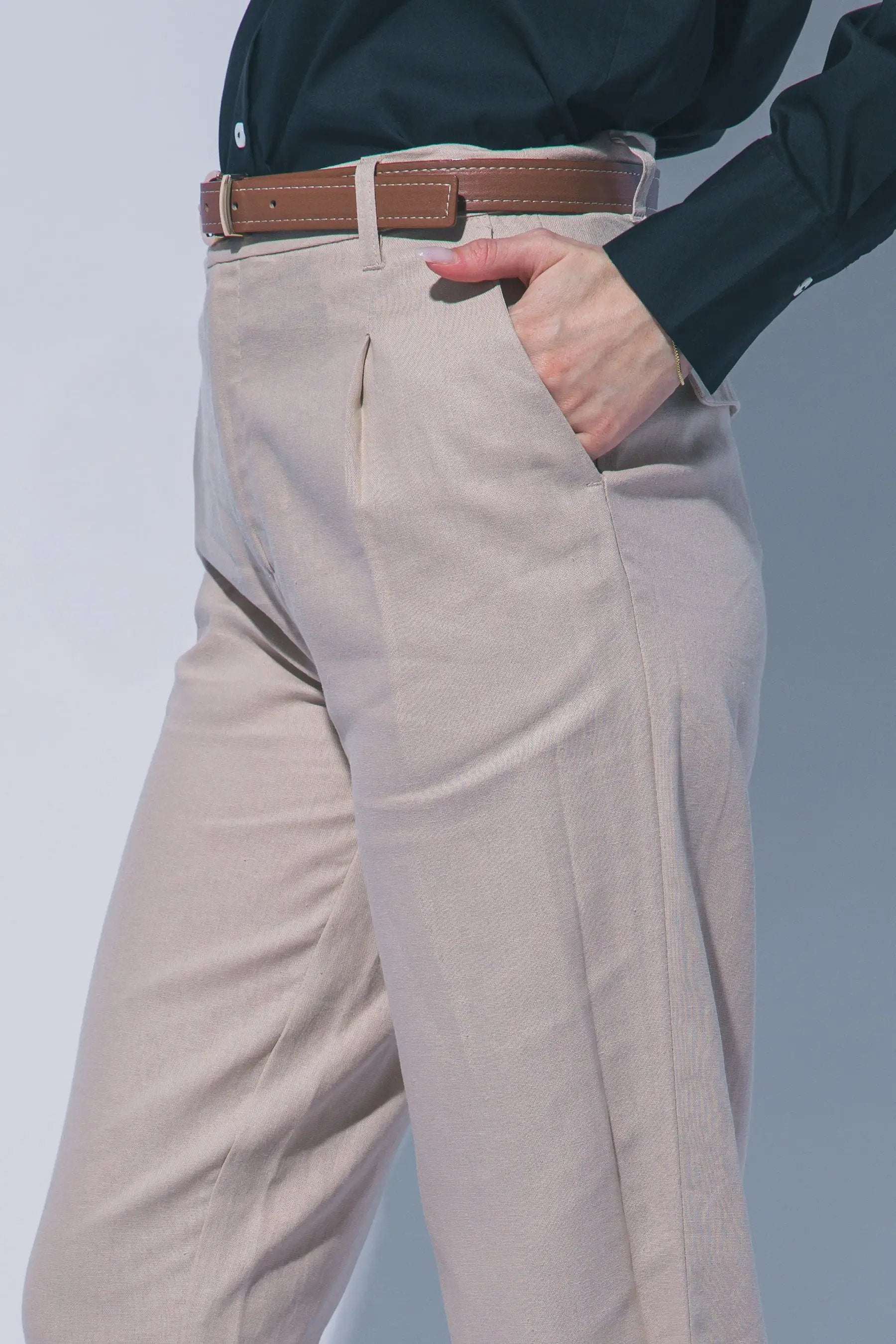 Pantalones de Lino de Tiro Alto con Cinturón para Mujer by LOVE TREE