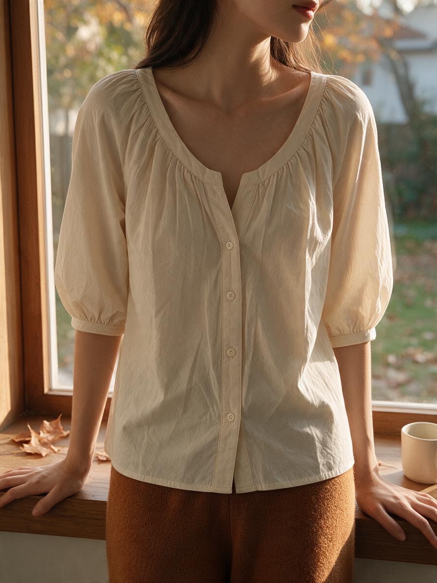 Blusa Crema de Botones con Pliegues - Estilo Boutique
