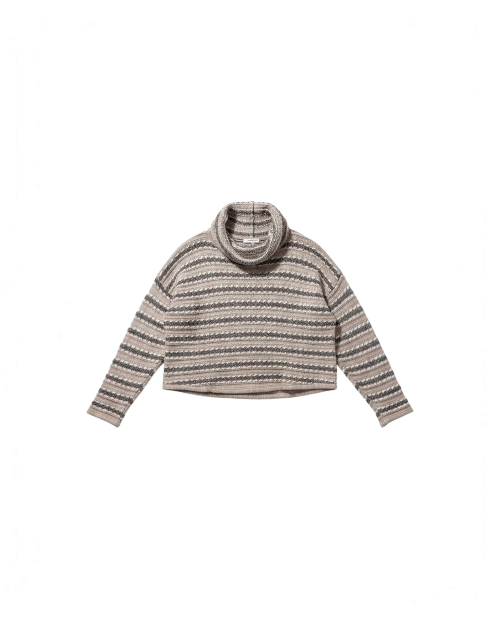 Suéter Yanet Collective de cuello alto con rayas beige y grises en tejido de punto texturizado de corte relajado