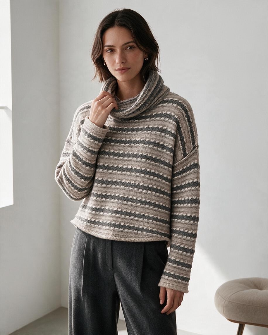Suéter de Cuello Alto a Rayas Beige con Detalle Drapeado