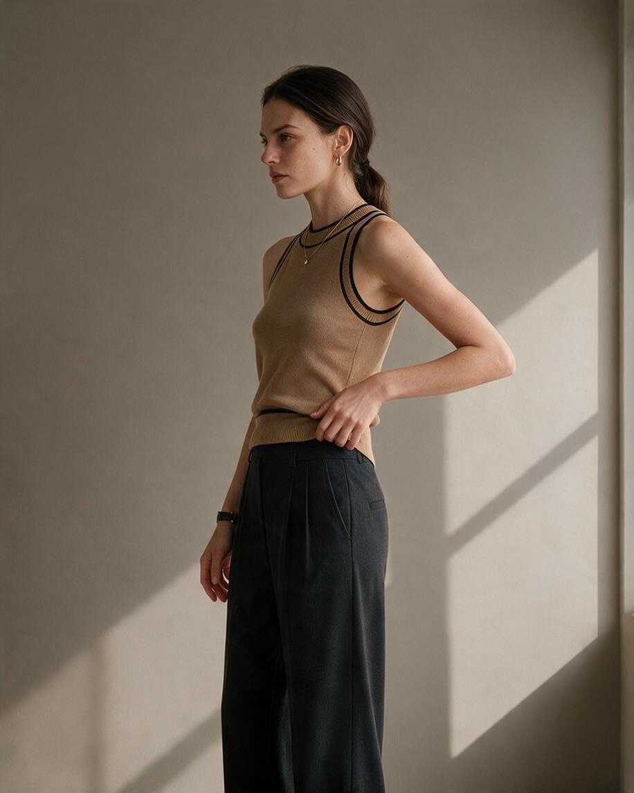 Top de Punto Sin Mangas Beige con Ribete Negro - Estilo Boutique